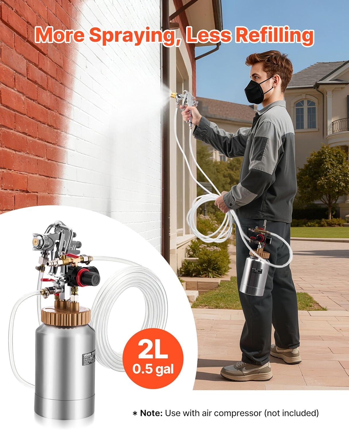 image:imageVEVOR Spray Paint Pressure Pot 05 Gal2 L Pressure Pot Paint Sprayer 18mm 3mm Two Spray Guns Central Pneumatic Sprays Gun with Two 98 FT3 m Hoses for Furniture Car Fence Max 45 Psi2LPneumatic