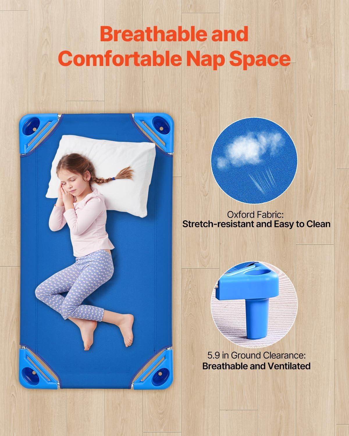 image:imageVEVOR Stackable Kiddie Cot 6 Pack Portable Toddler Nap Cots Standard Size 52 L x 23 W Daycare Cots for Kids Preschool Classroom Daycare Beds for Sleeping Resting Naptime Blue40 L X 23 W 6pcs