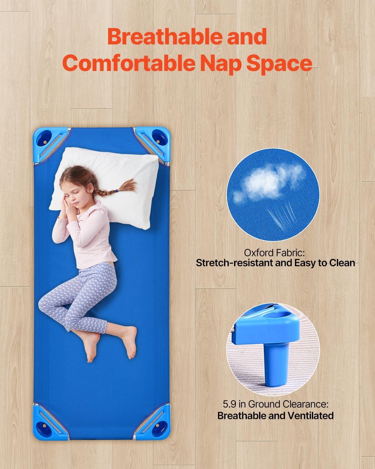image:imageVEVOR Stackable Kiddie Cot 6 Pack Portable Toddler Nap Cots Standard Size 52 L x 23 W Daycare Cots for Kids Preschool Classroom Daycare Beds for Sleeping Resting Naptime Blue52 L X 23 W 4pcs