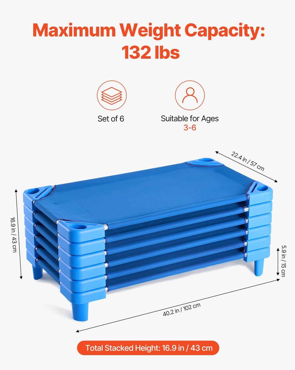 image:imageVEVOR Stackable Kiddie Cot 6 Pack Portable Toddler Nap Cots Standard Size 52 L x 23 W Daycare Cots for Kids Preschool Classroom Daycare Beds for Sleeping Resting Naptime Blue40 L X 23 W 6pcs