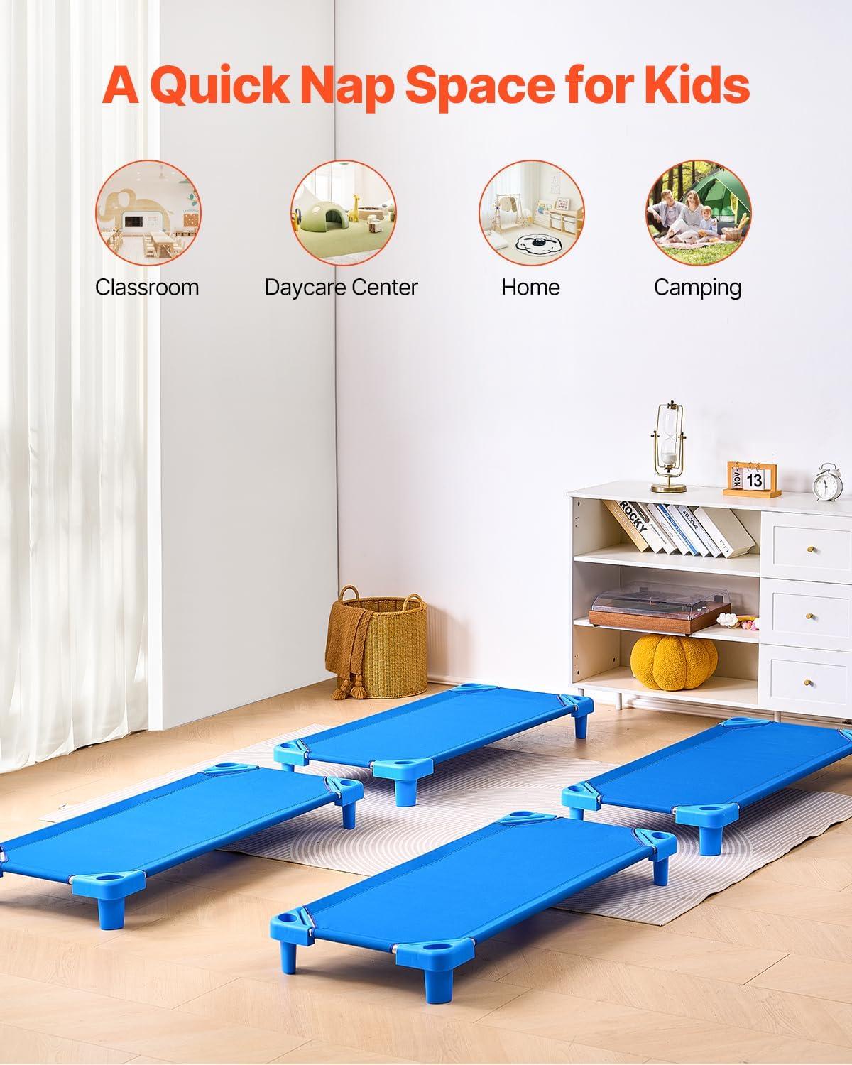 image:imageVEVOR Stackable Kiddie Cot 6 Pack Portable Toddler Nap Cots Standard Size 52 L x 23 W Daycare Cots for Kids Preschool Classroom Daycare Beds for Sleeping Resting Naptime Blue52 L X 23 W 4pcs