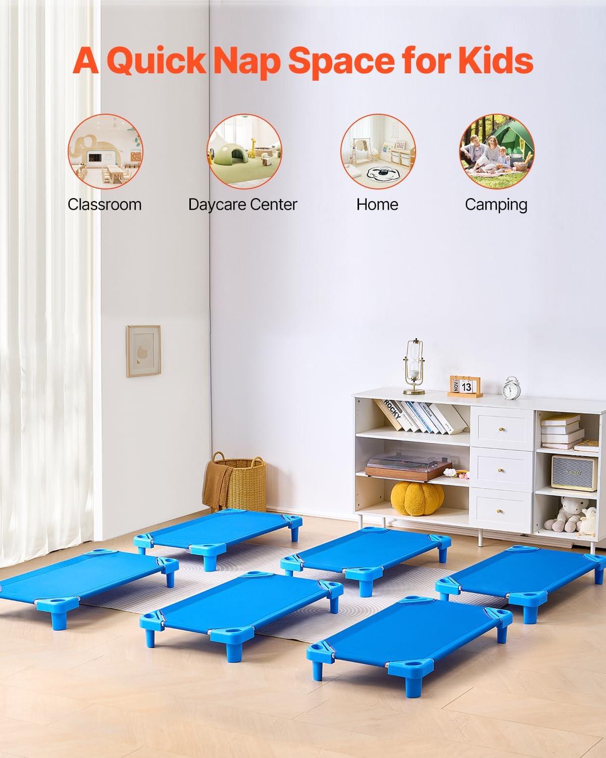 image:imageVEVOR Stackable Kiddie Cot 6 Pack Portable Toddler Nap Cots Standard Size 52 L x 23 W Daycare Cots for Kids Preschool Classroom Daycare Beds for Sleeping Resting Naptime Blue40 L X 23 W 6pcs