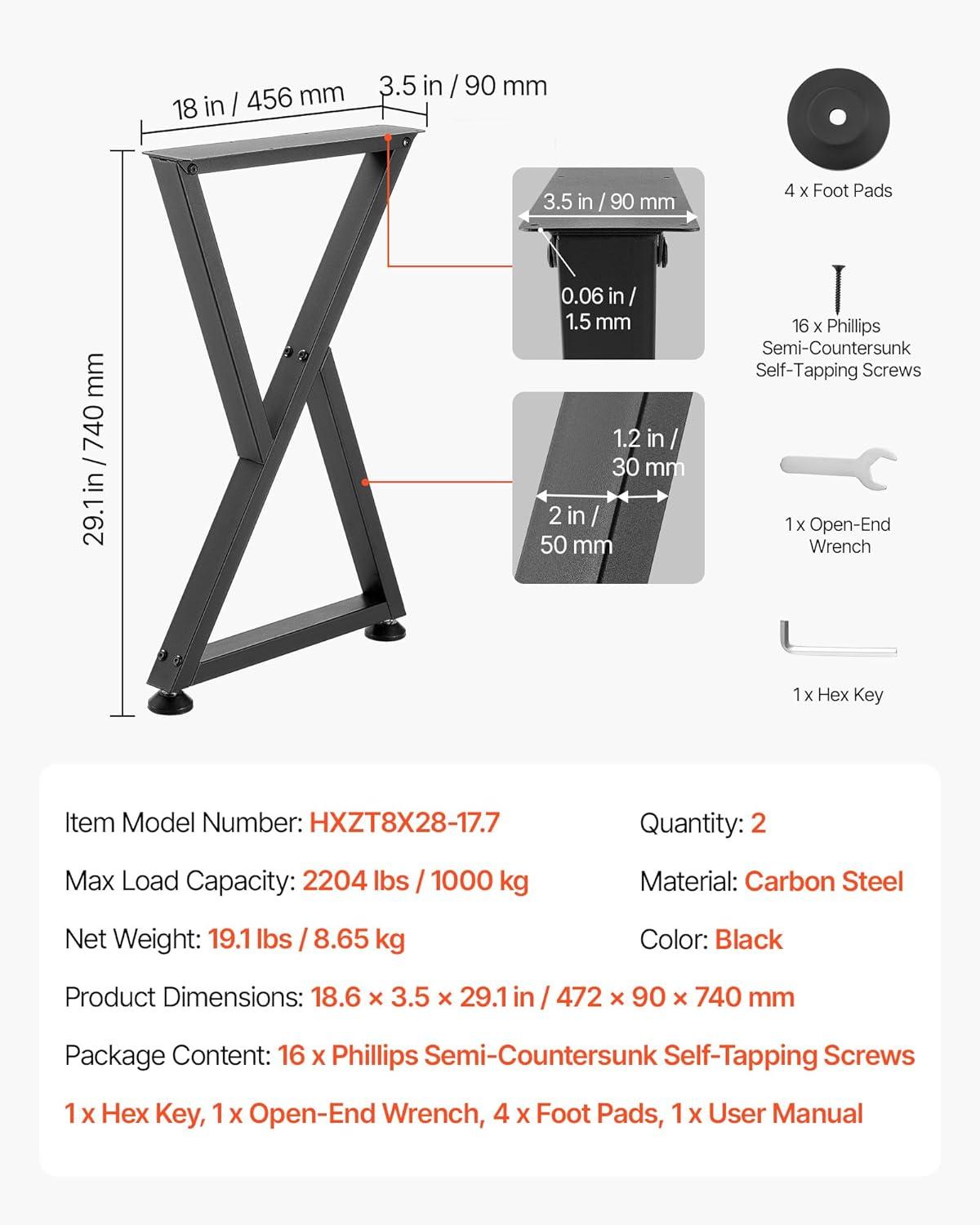image:imageVEVOR Table Legs 291 H x 186 W Steel Furniture Legs Modular Design Easy Assembly 2204 lbs Max Load Heavy Duty Z Shape for Home Office Desk DIY Coffee Dinner Tables Workbench2 PCS Black