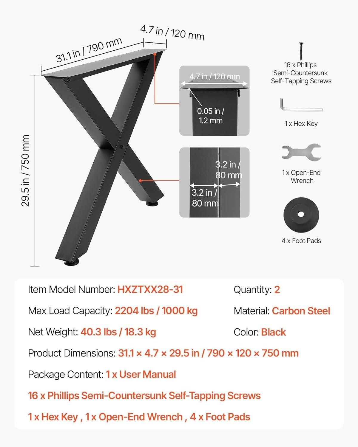 image:imageVEVOR Table Legs 295 H x 311 W Steel Furniture Legs Modular Design Easy Assembly 2204 lbs Max Load Heavy Duty for Home Office Desk Coffee Dinner Bar Tables Workbench2 PCS X Frame Black