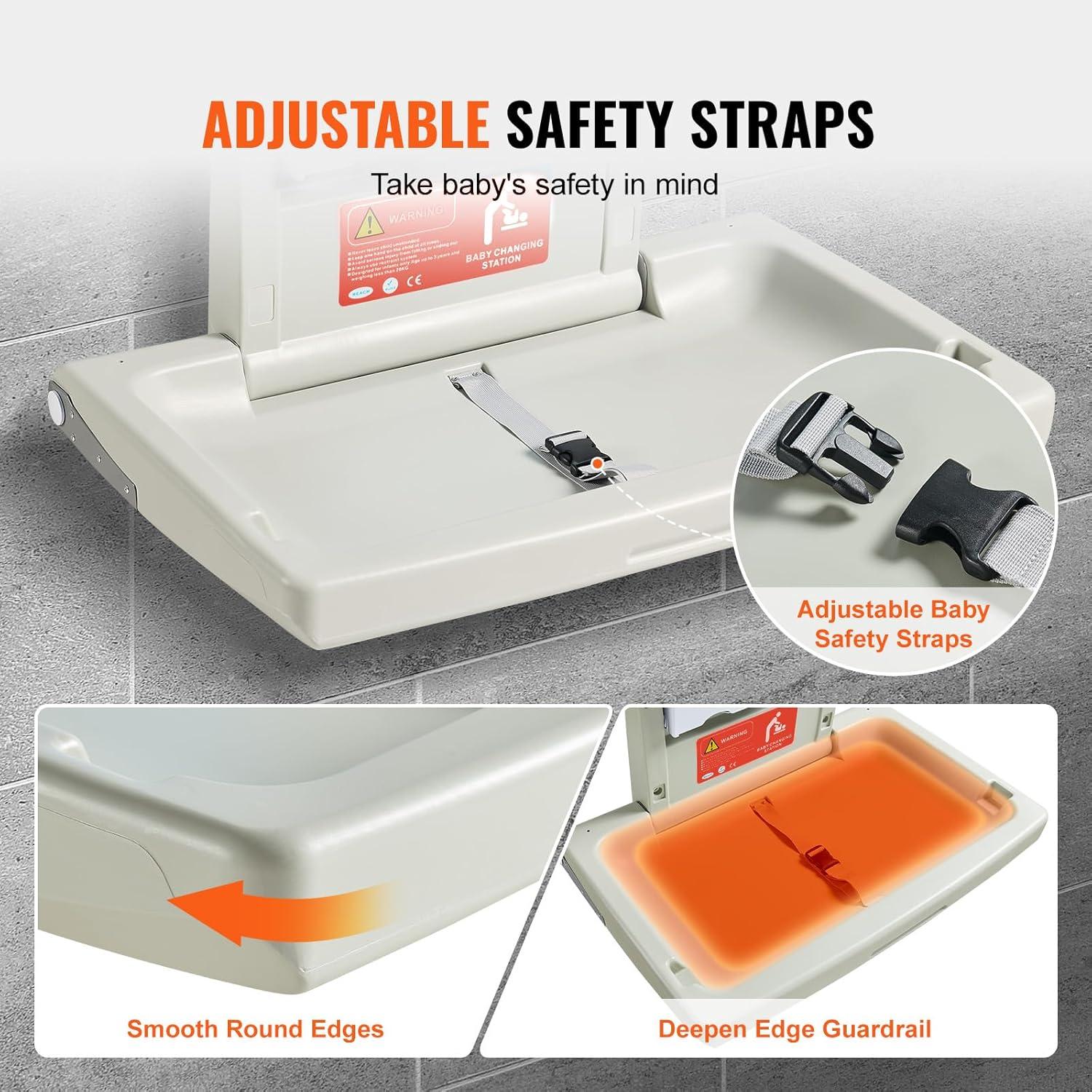 image:imageVEVOR WallMounted Baby Changing Station Horizontal Foldable Diaper Change Table with Safety Straps and Hanging Rods Use in Commercial Bathrooms Daycare Centers for Newborns amp InfantWallMounted Diaper Changing Station