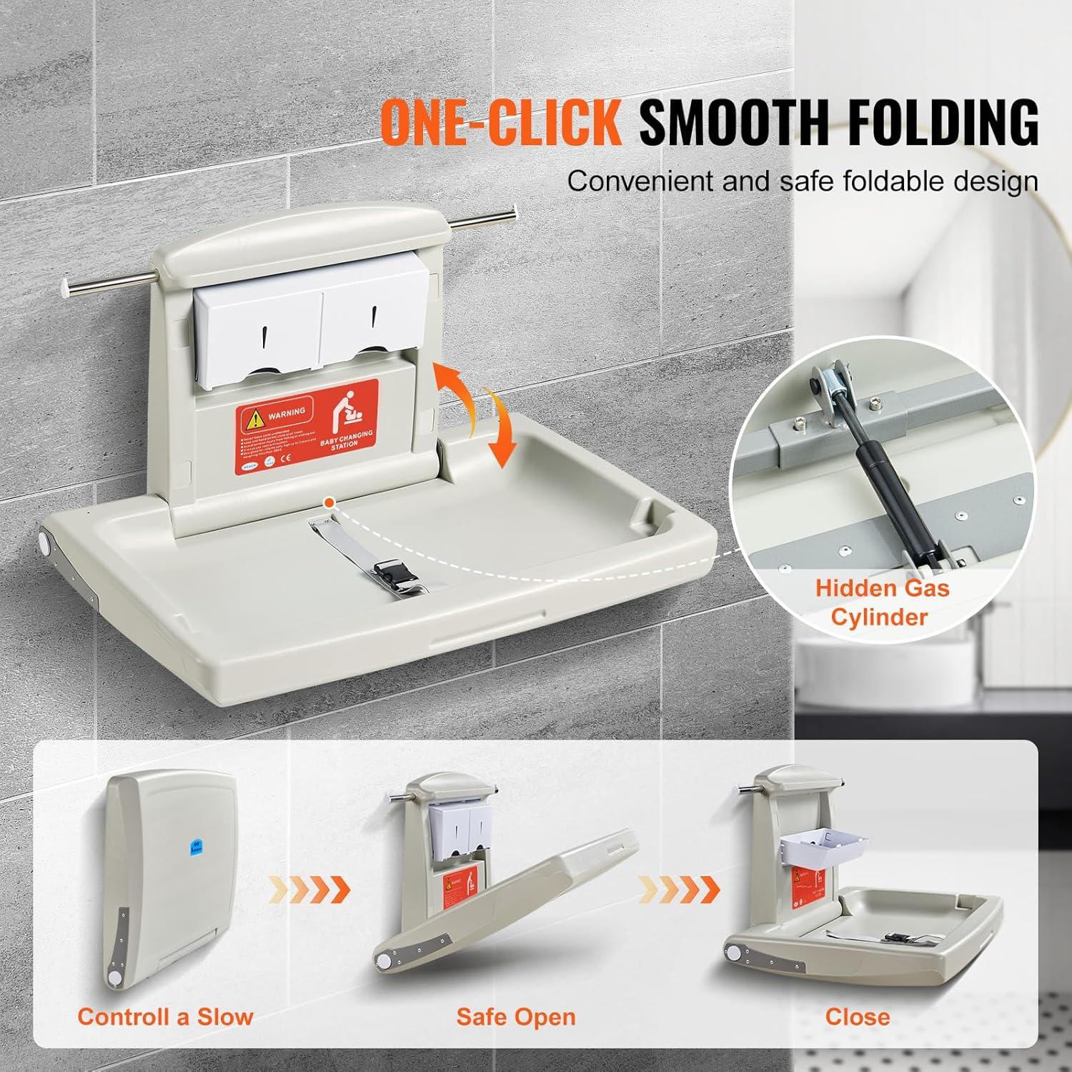 image:imageVEVOR WallMounted Baby Changing Station Horizontal Foldable Diaper Change Table with Safety Straps and Hanging Rods Use in Commercial Bathrooms Daycare Centers for Newborns amp InfantWallMounted Diaper Changing Station