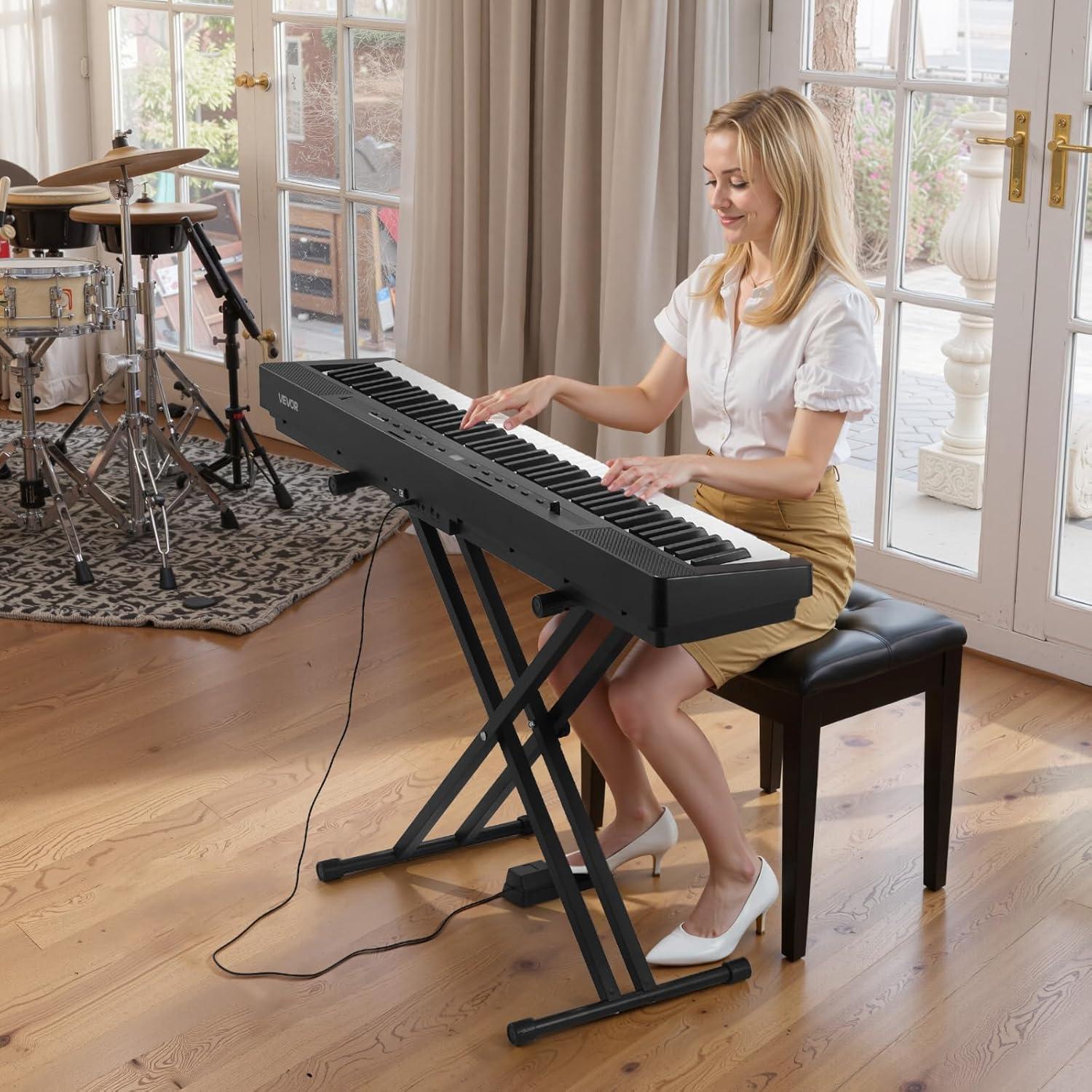 image:imageVEVOR Weighted Digital Piano 88 Keys Fully Weighted Electric Piano Keyboard with Furniture Stand Power Adapter Triple Pedal Record Function 280 Tones Wireless Connection for Beginners WhiteBlack with X Stand