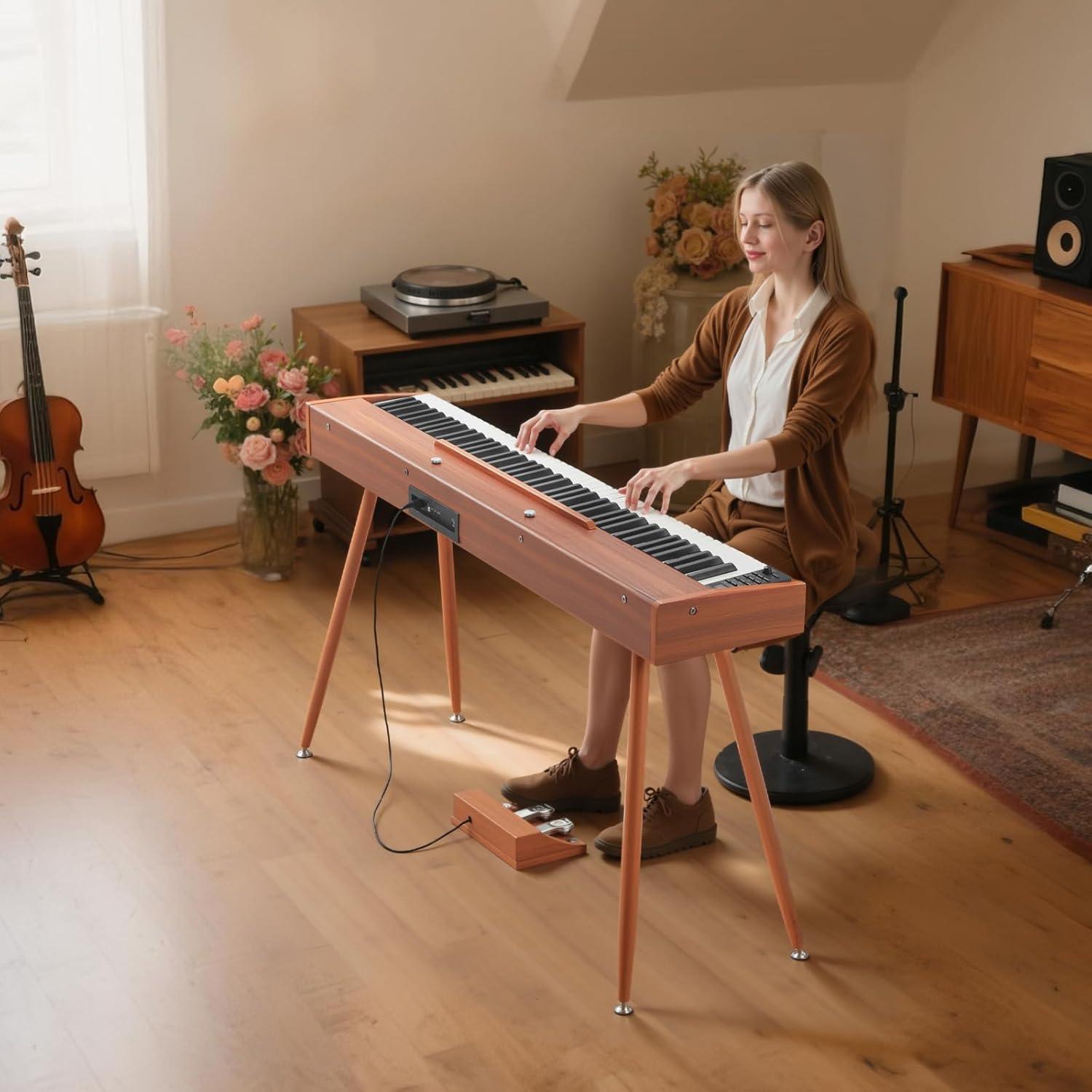 image:imageVEVOR Weighted Digital Piano 88 Keys Fully Weighted Electric Piano Keyboard with Furniture Stand Power Adapter Triple Pedal Record Function 280 Tones Wireless Connection for Beginners WhiteBrown