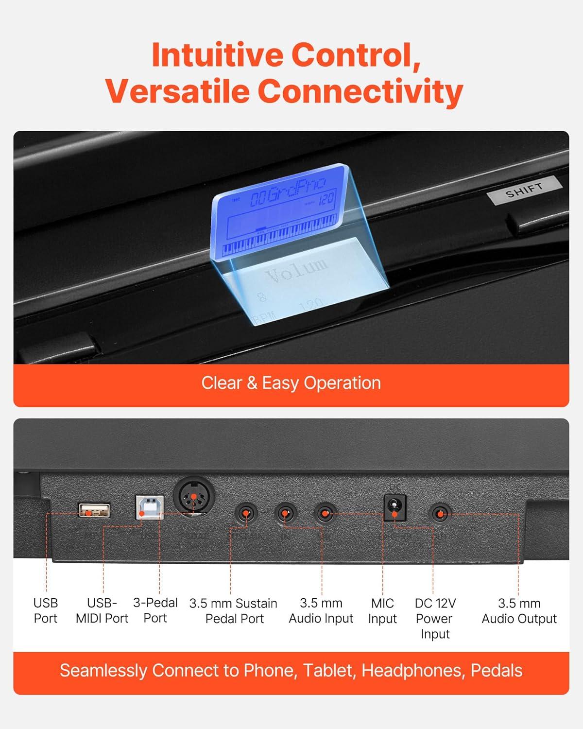 image:imageVEVOR Weighted Digital Piano 88 Keys Fully Weighted Electric Piano Keyboard with Furniture Stand Power Adapter Triple Pedal Record Function 280 Tones Wireless Connection for Beginners WhiteBlack with X Stand