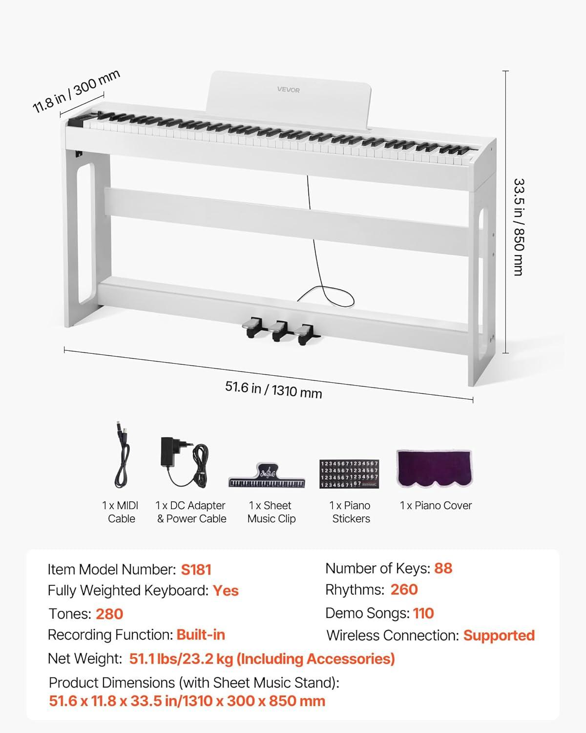 image:imageVEVOR Weighted Digital Piano 88 Keys Fully Weighted Electric Piano Keyboard with Furniture Stand Power Adapter Triple Pedal Record Function 280 Tones Wireless Connection for Beginners WhiteWhite