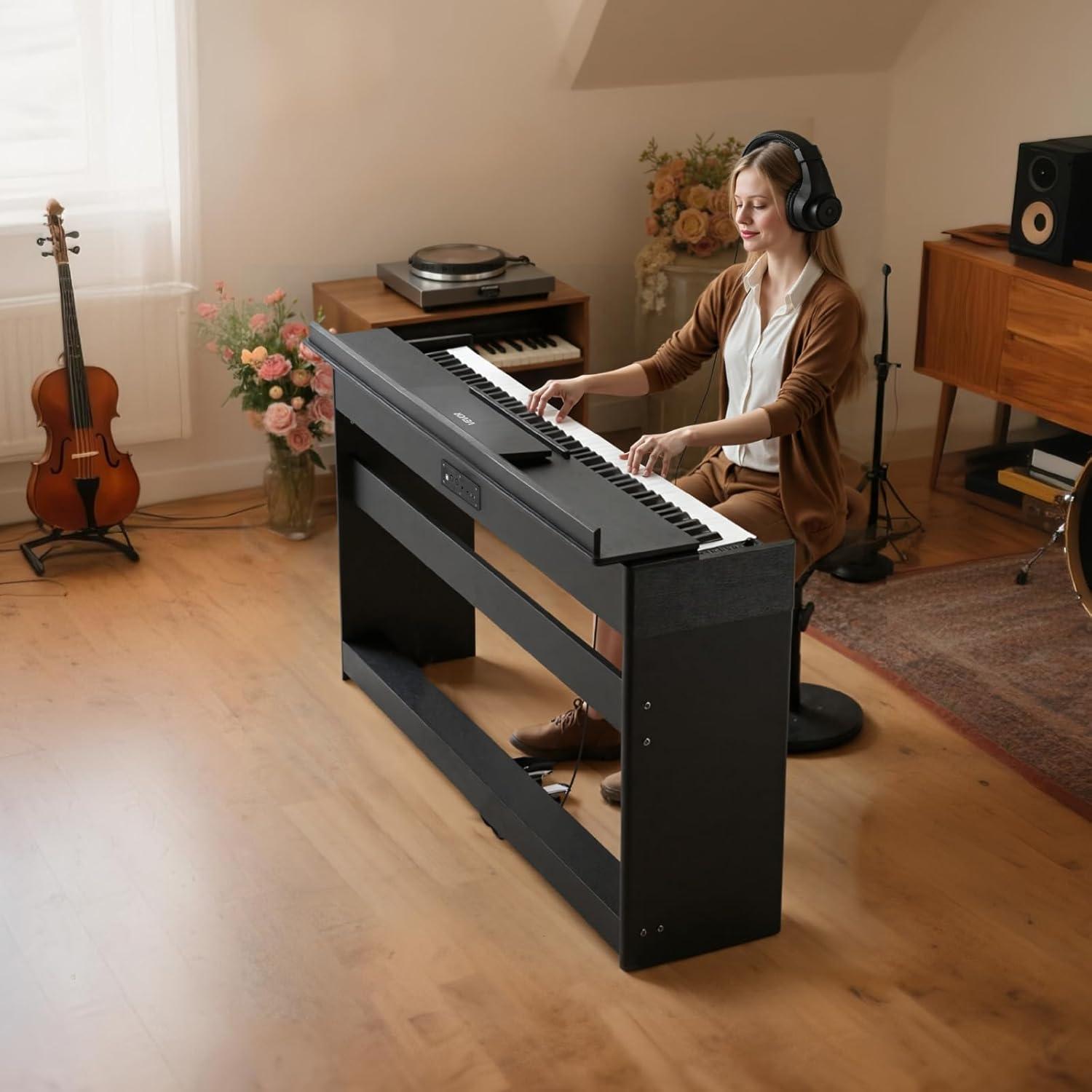 image:imageVEVOR Weighted Digital Piano 88 Keys Fully Weighted Electric Piano Keyboard with Furniture Stand Power Adapter Triple Pedal Record Function 280 Tones Wireless Connection for Beginners WhiteBlack with Cover