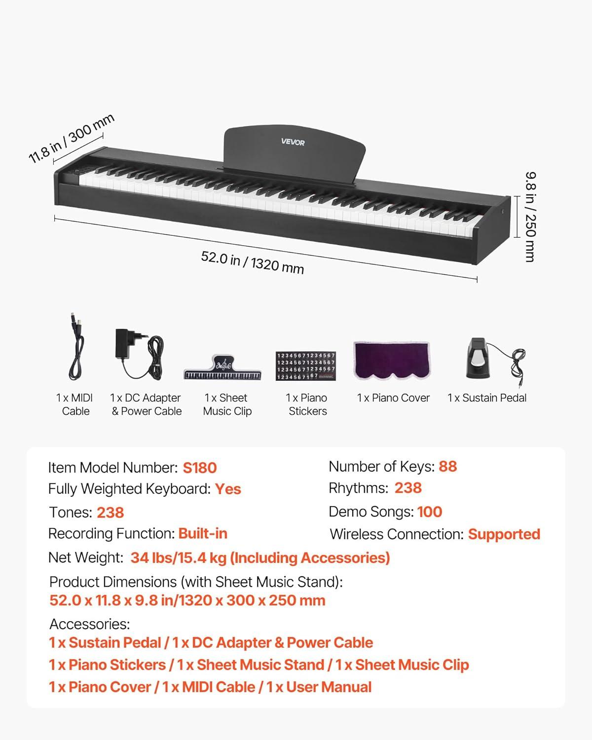 image:imageVEVOR Weighted Digital Piano 88 Keys Fully Weighted Electric Piano Keyboard with Furniture Stand Power Adapter Triple Pedal Record Function 280 Tones Wireless Connection for Beginners WhiteBlack without Stand