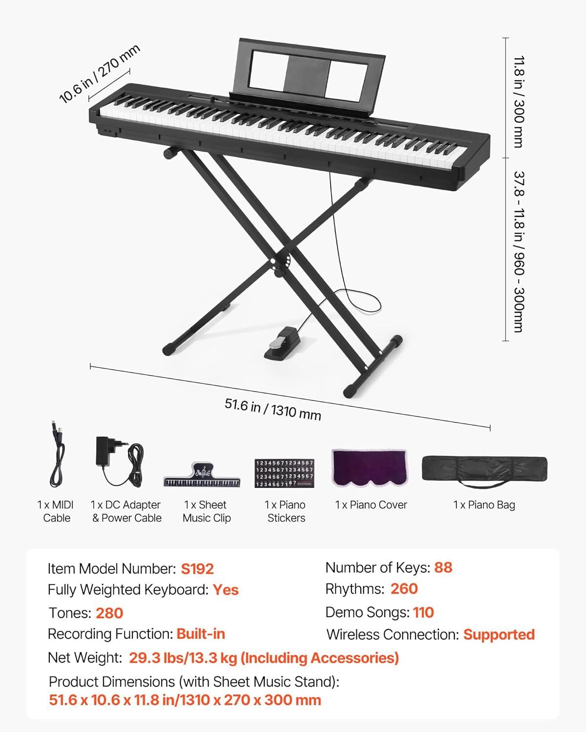 image:imageVEVOR Weighted Digital Piano 88 Keys Fully Weighted Electric Piano Keyboard with Furniture Stand Power Adapter Triple Pedal Record Function 280 Tones Wireless Connection for Beginners WhiteBlack with X Stand