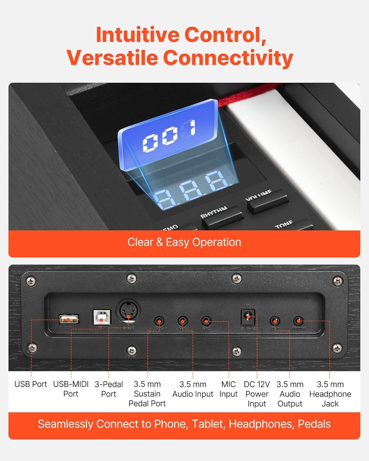 image:imageVEVOR Weighted Digital Piano 88 Keys Fully Weighted Electric Piano Keyboard with Furniture Stand Power Adapter Triple Pedal Record Function 280 Tones Wireless Connection for Beginners WhiteBlack without Stand