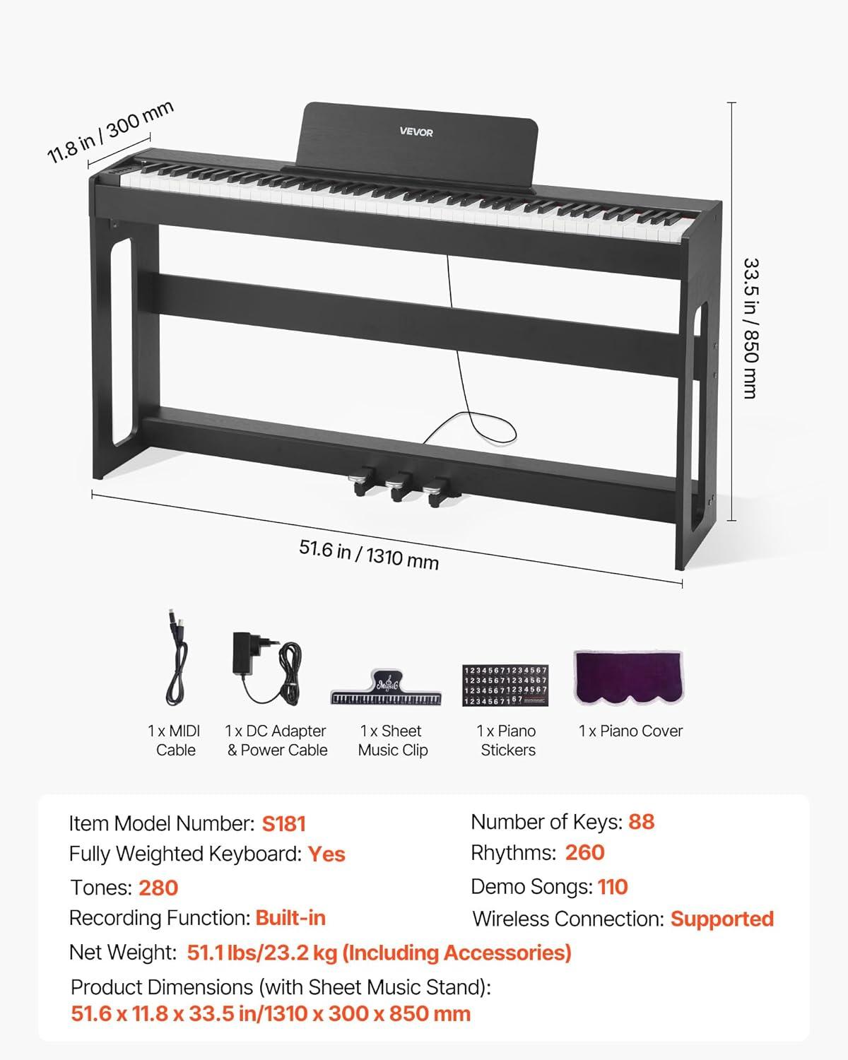 image:imageVEVOR Weighted Digital Piano 88 Keys Fully Weighted Electric Piano Keyboard with Furniture Stand Power Adapter Triple Pedal Record Function 280 Tones Wireless Connection for Beginners WhiteBlack