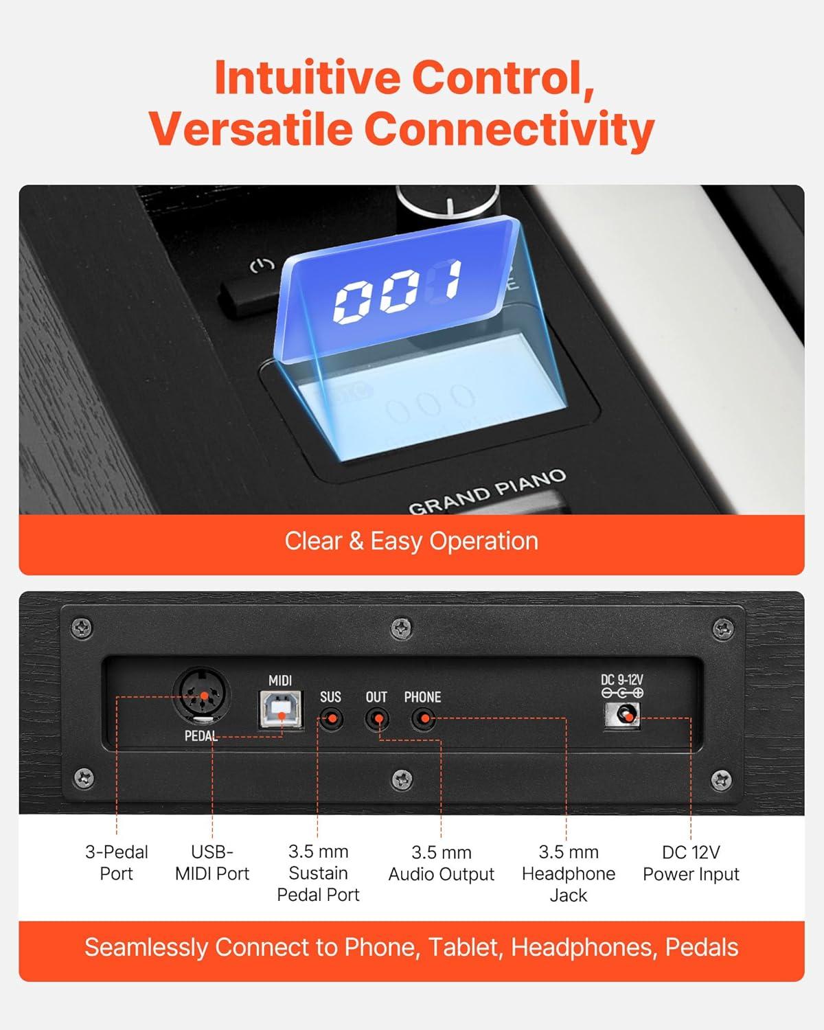 image:imageVEVOR Weighted Digital Piano 88 Keys Fully Weighted Electric Piano Keyboard with Furniture Stand Power Adapter Triple Pedal Record Function 280 Tones Wireless Connection for Beginners WhiteBlack