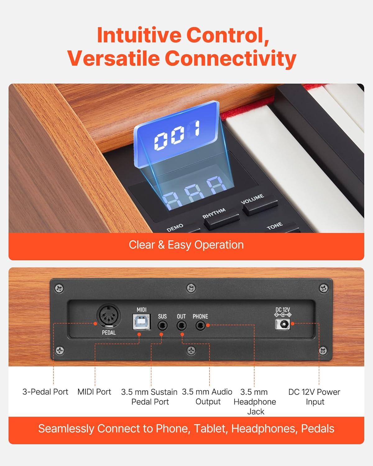 image:imageVEVOR Weighted Digital Piano 88 Keys Fully Weighted Electric Piano Keyboard with Furniture Stand Power Adapter Triple Pedal Record Function 280 Tones Wireless Connection for Beginners WhiteBrown