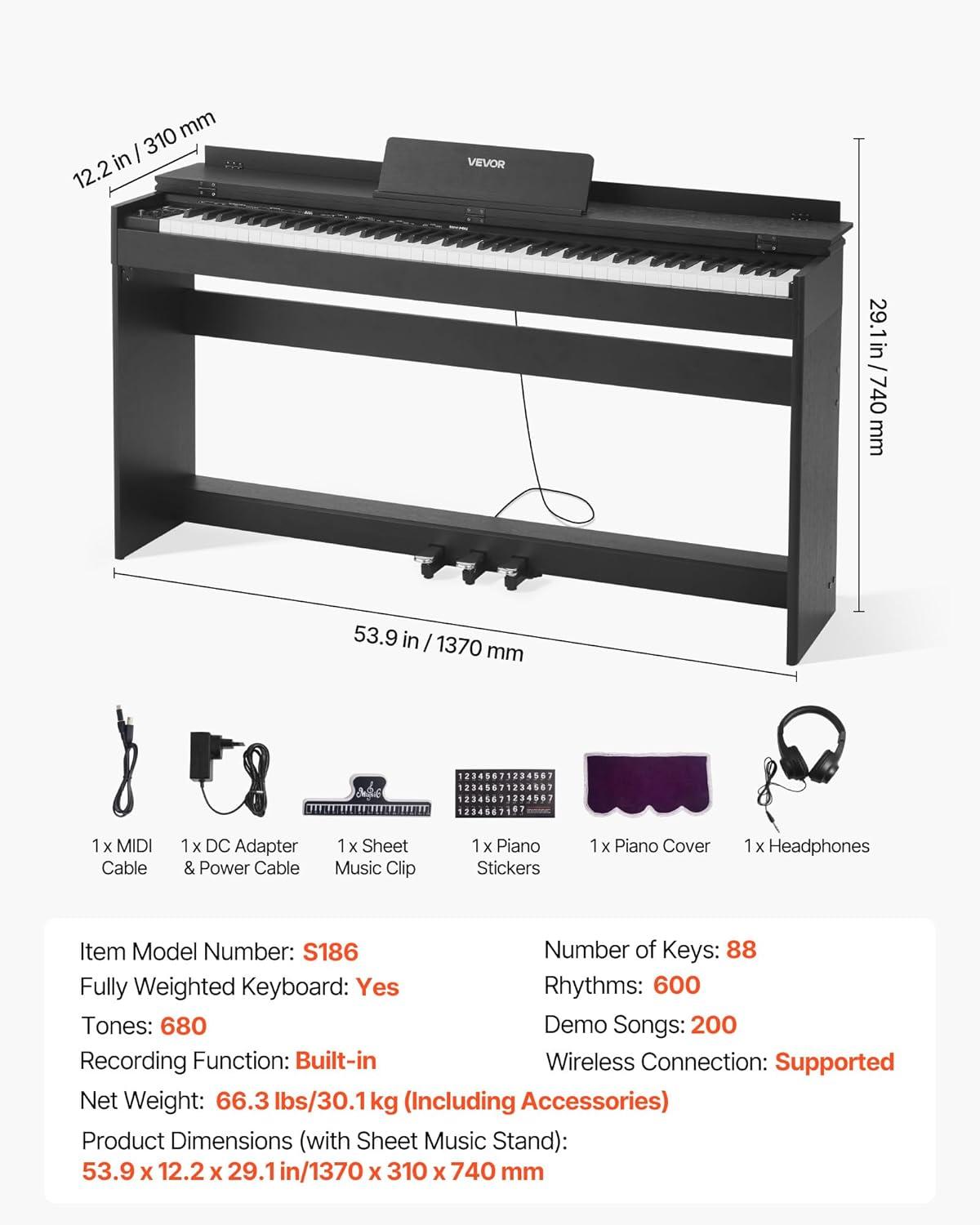 image:imageVEVOR Weighted Digital Piano 88 Keys Fully Weighted Electric Piano Keyboard with Furniture Stand Power Adapter Triple Pedal Record Function 280 Tones Wireless Connection for Beginners WhiteBlack with Cover