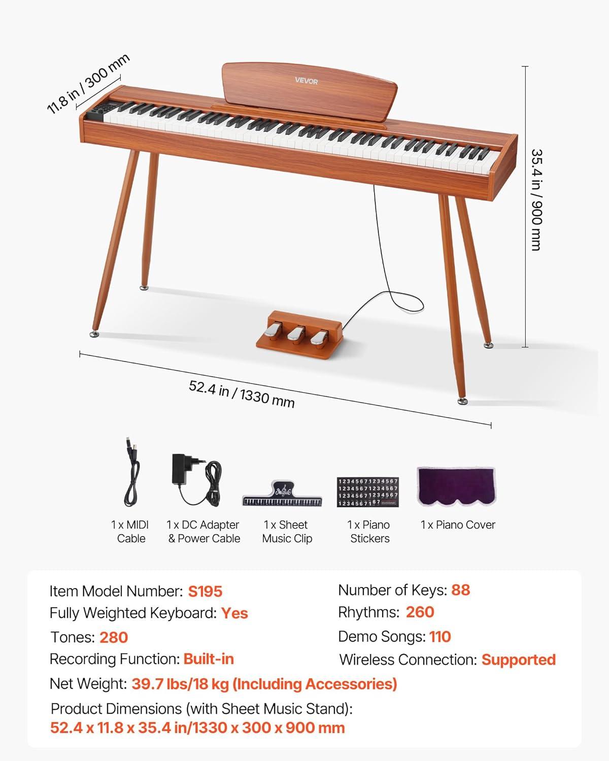 image:imageVEVOR Weighted Digital Piano 88 Keys Fully Weighted Electric Piano Keyboard with Furniture Stand Power Adapter Triple Pedal Record Function 280 Tones Wireless Connection for Beginners WhiteBrown