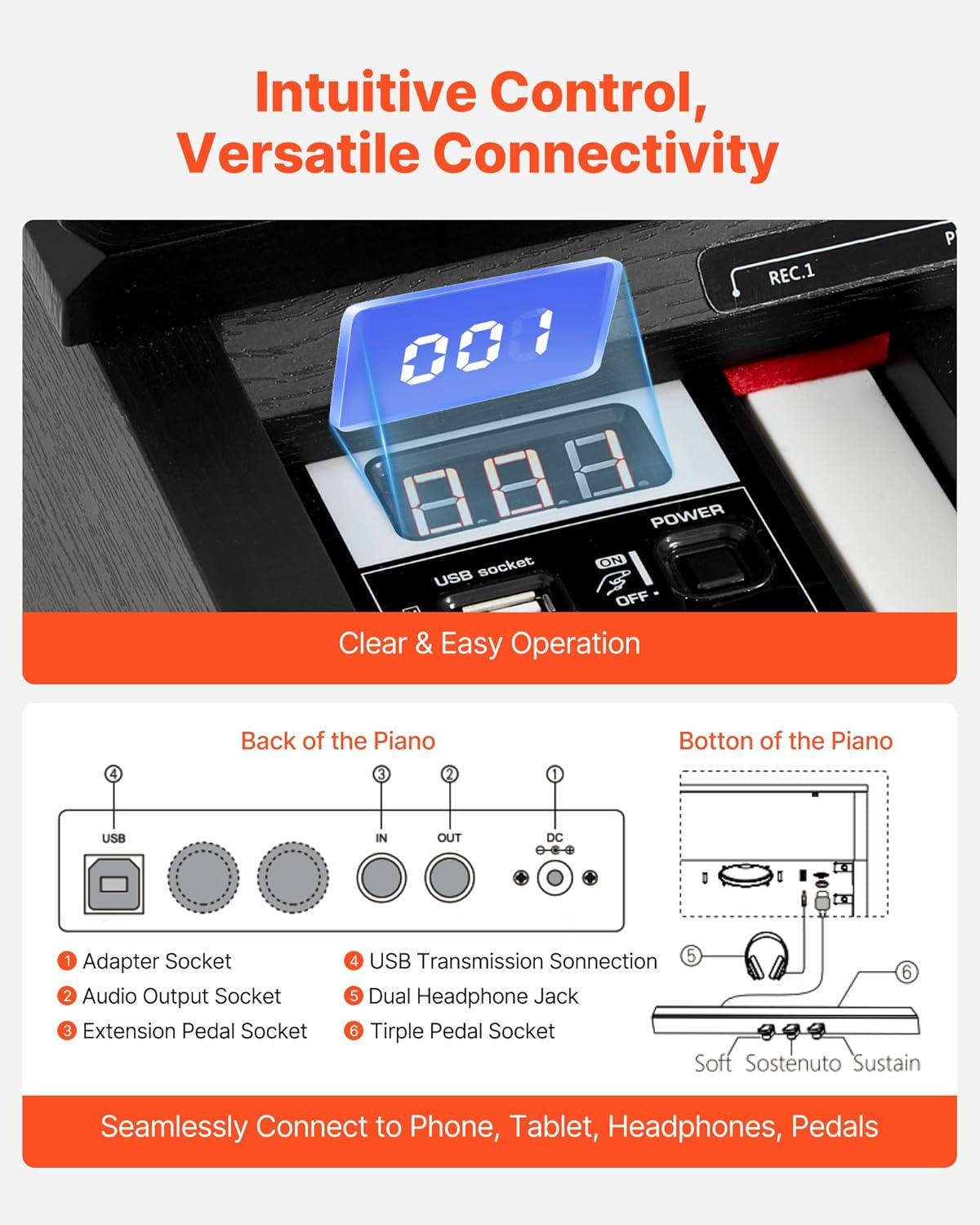 image:imageVEVOR Weighted Digital Piano 88 Keys Fully Weighted Electric Piano Keyboard with Furniture Stand Power Adapter Triple Pedal Record Function 280 Tones Wireless Connection for Beginners WhiteBlack with Cover