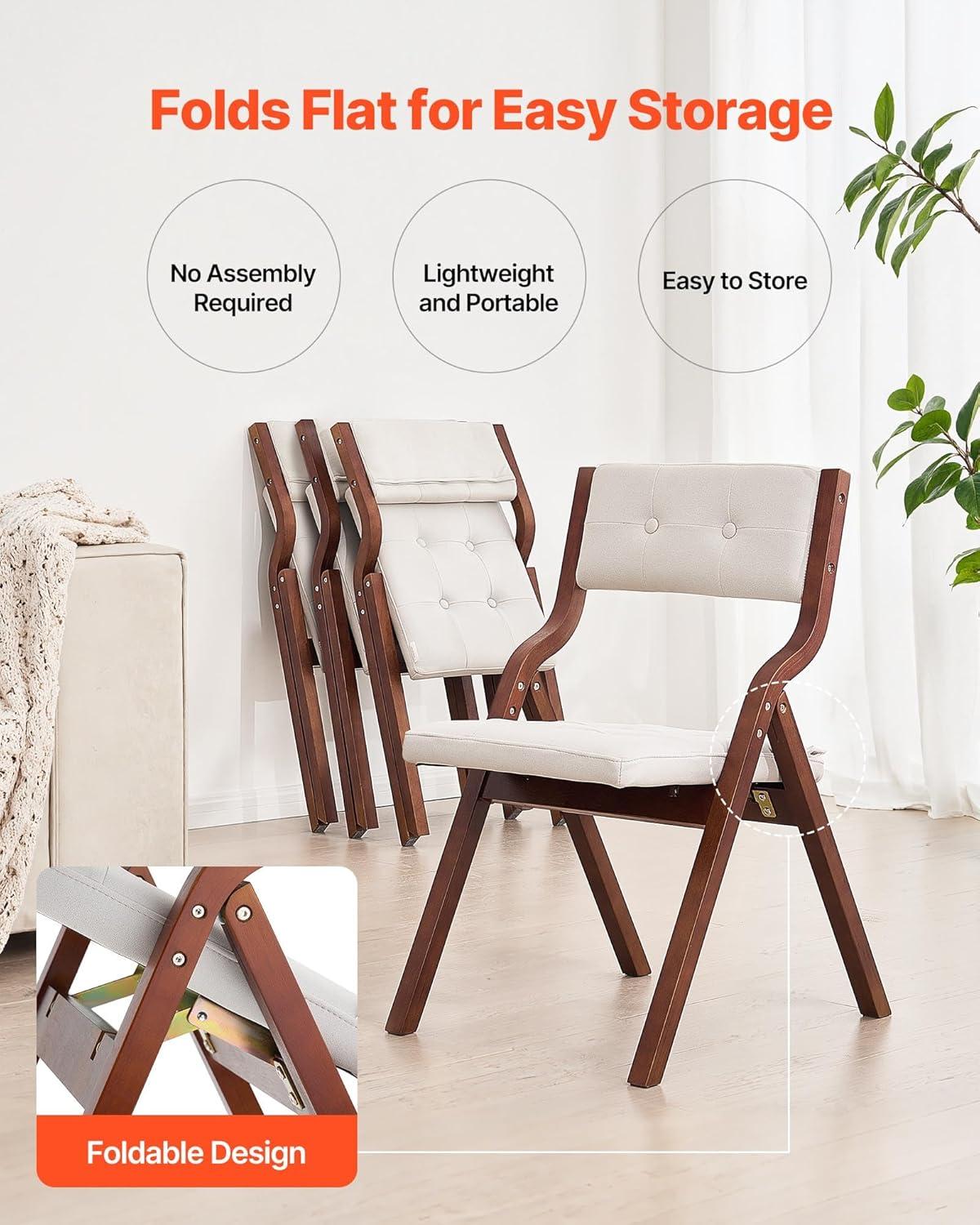 image:imageVEVOR Wooden Folding Chairs with Cushion Set of 2 Portable Foldable Cushion Chair with Wooden Frame Modern Padded Dining Chair for Kitchen Office Wedding Party Dining Room Easy Assembly BeigeWalnutbeige