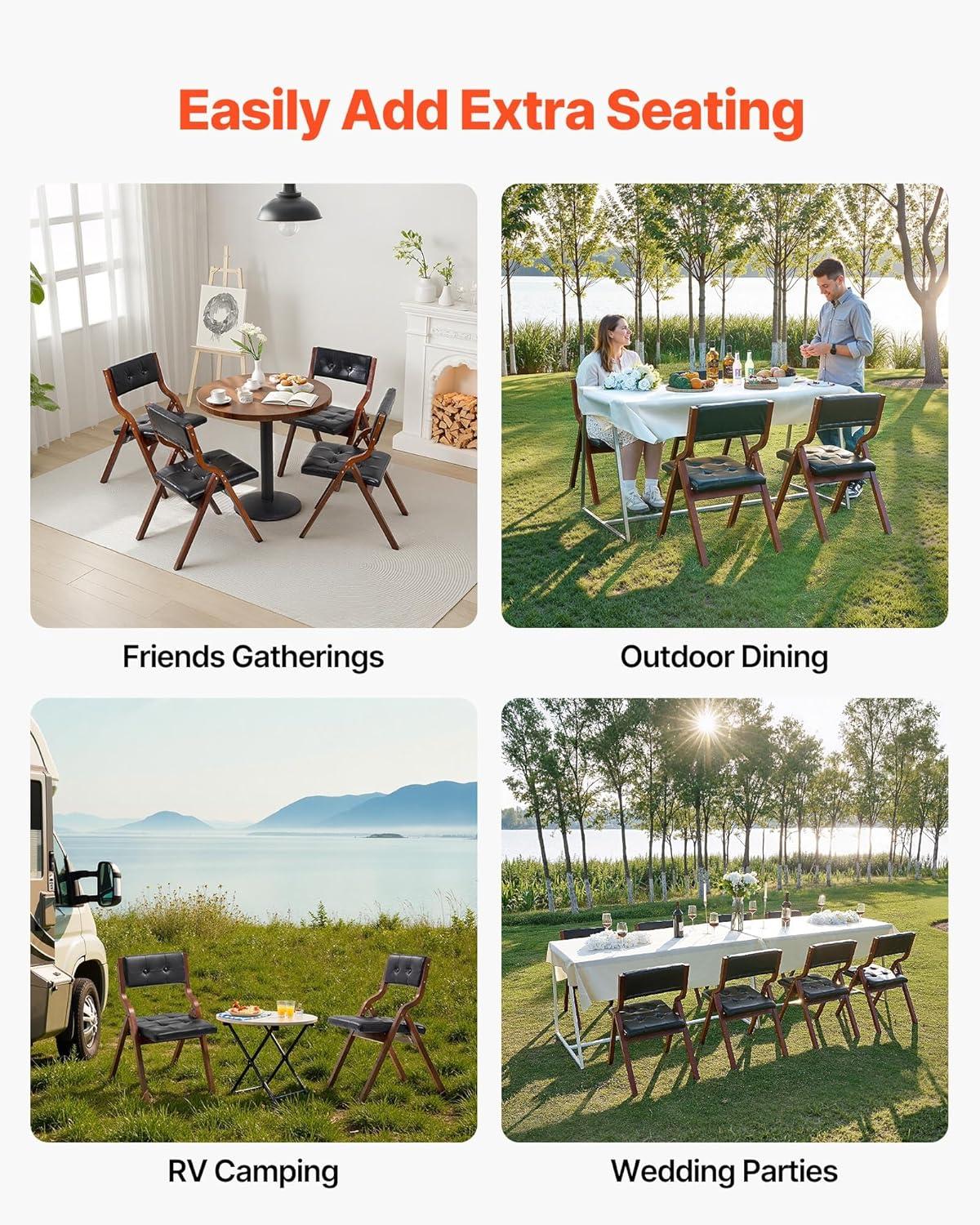 image:imageVEVOR Wooden Folding Chairs with Cushion Set of 2 Portable Foldable Cushion Chair with Wooden Frame Modern Padded Dining Chair for Kitchen Office Wedding Party Dining Room Easy Assembly BeigeWalnutblack Leather