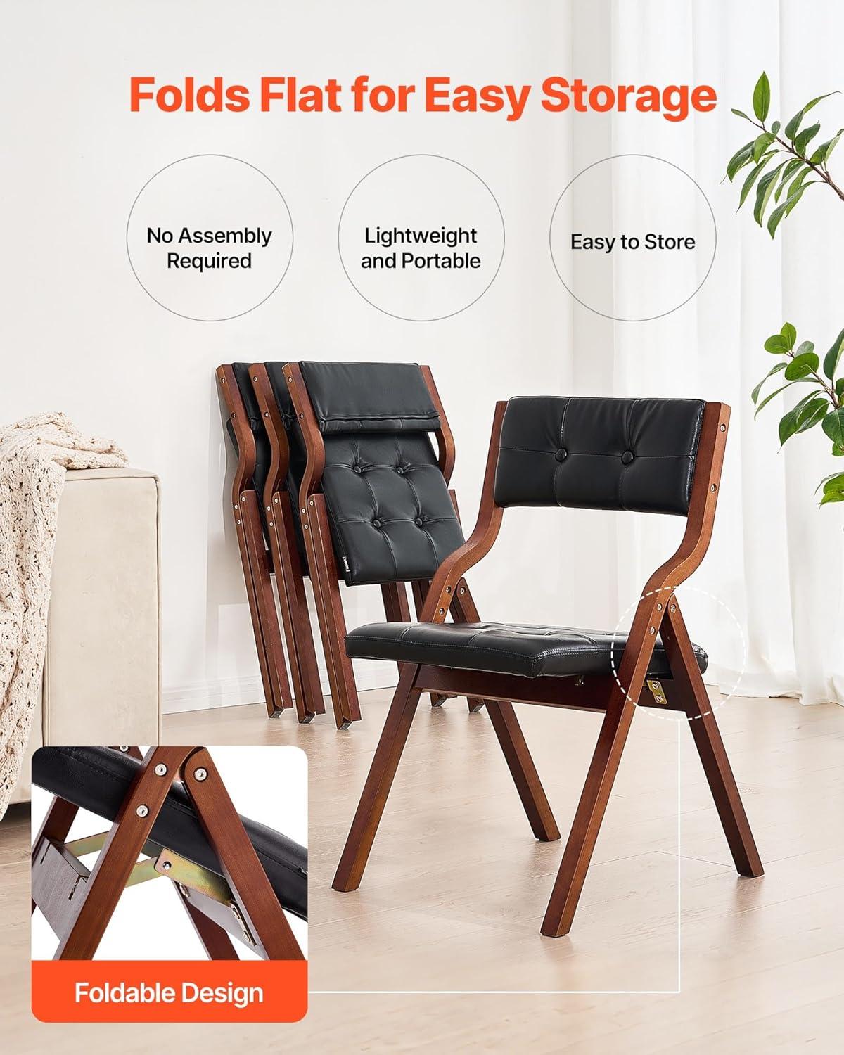 image:imageVEVOR Wooden Folding Chairs with Cushion Set of 2 Portable Foldable Cushion Chair with Wooden Frame Modern Padded Dining Chair for Kitchen Office Wedding Party Dining Room Easy Assembly BeigeWalnutblack Leather