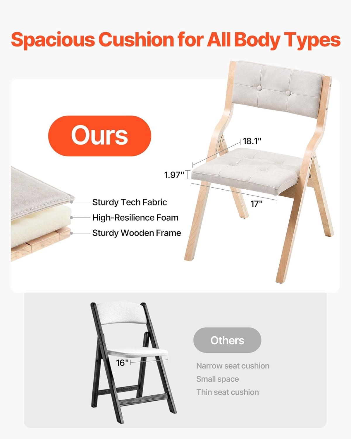 image:imageVEVOR Wooden Folding Chairs with Cushion Set of 2 Portable Foldable Cushion Chair with Wooden Frame Modern Padded Dining Chair for Kitchen Office Wedding Party Dining Room Easy Assembly BeigeNaturalbeige