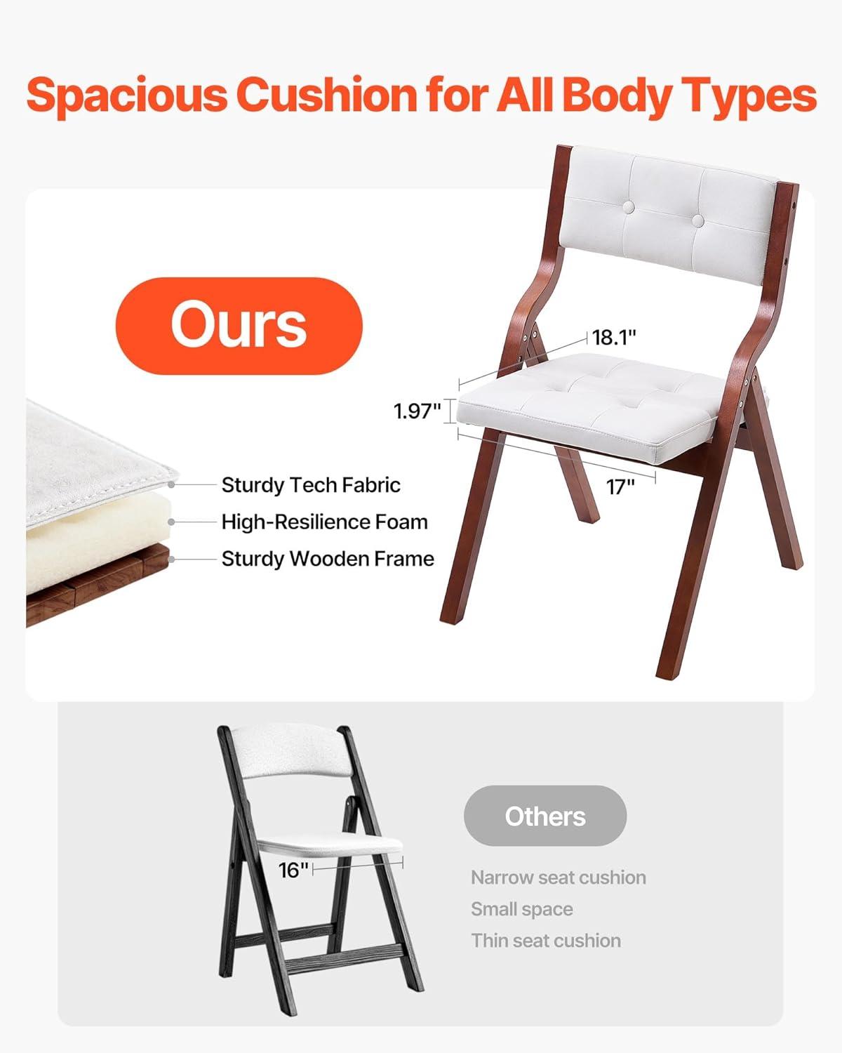 image:imageVEVOR Wooden Folding Chairs with Cushion Set of 2 Portable Foldable Cushion Chair with Wooden Frame Modern Padded Dining Chair for Kitchen Office Wedding Party Dining Room Easy Assembly BeigeWalnutbeige