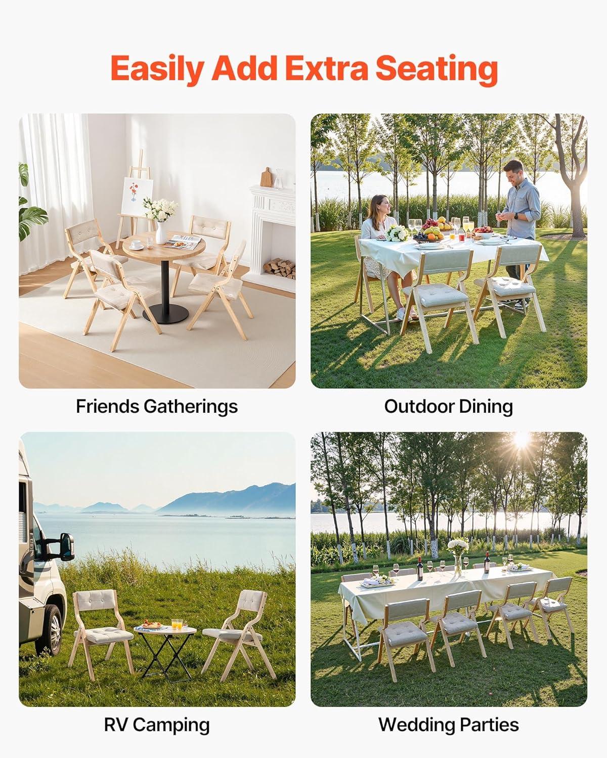 image:imageVEVOR Wooden Folding Chairs with Cushion Set of 2 Portable Foldable Cushion Chair with Wooden Frame Modern Padded Dining Chair for Kitchen Office Wedding Party Dining Room Easy Assembly BeigeNaturalbeige