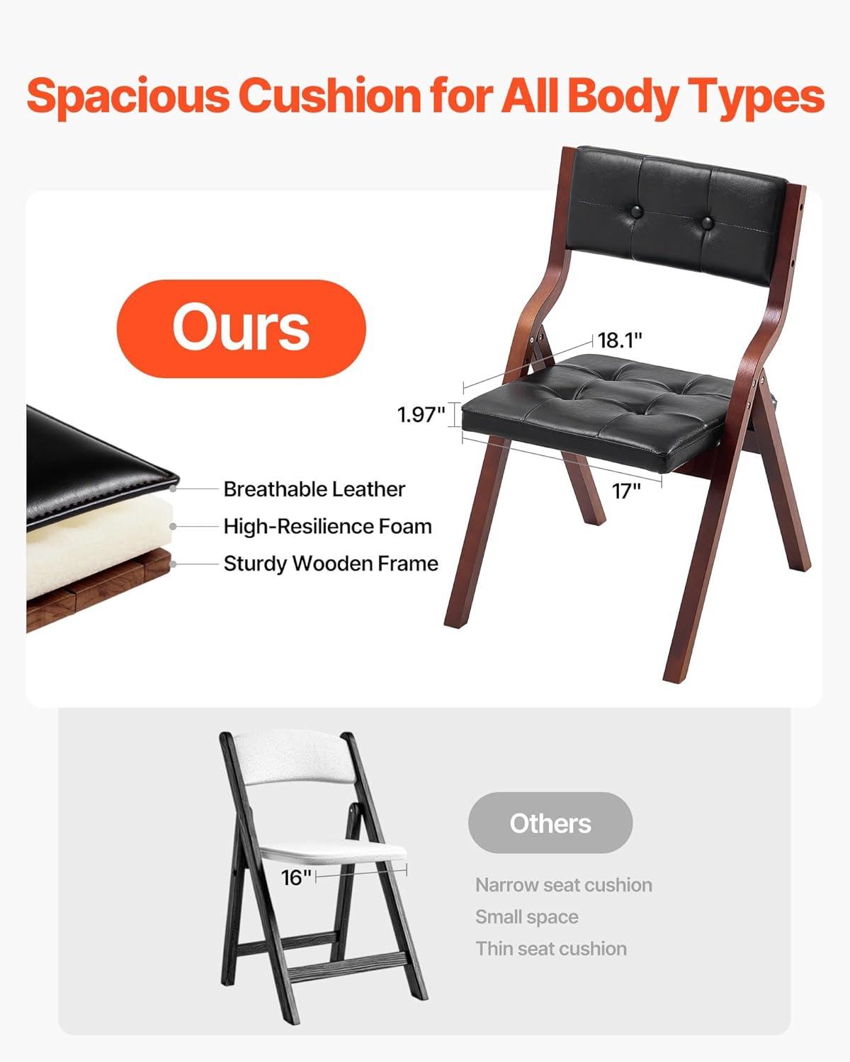 image:imageVEVOR Wooden Folding Chairs with Cushion Set of 2 Portable Foldable Cushion Chair with Wooden Frame Modern Padded Dining Chair for Kitchen Office Wedding Party Dining Room Easy Assembly BeigeWalnutblack Leather
