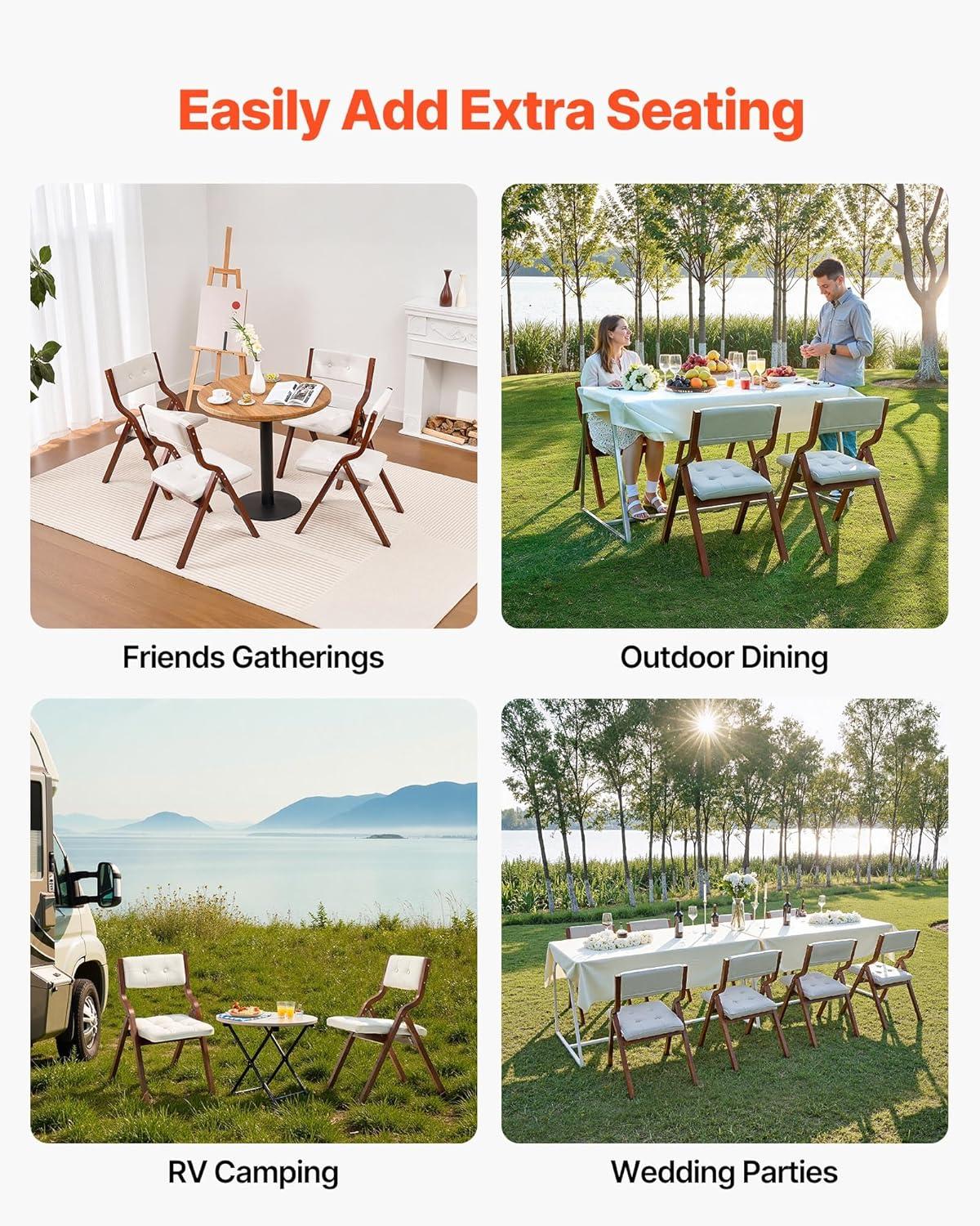 image:imageVEVOR Wooden Folding Chairs with Cushion Set of 2 Portable Foldable Cushion Chair with Wooden Frame Modern Padded Dining Chair for Kitchen Office Wedding Party Dining Room Easy Assembly BeigeWalnutbeige