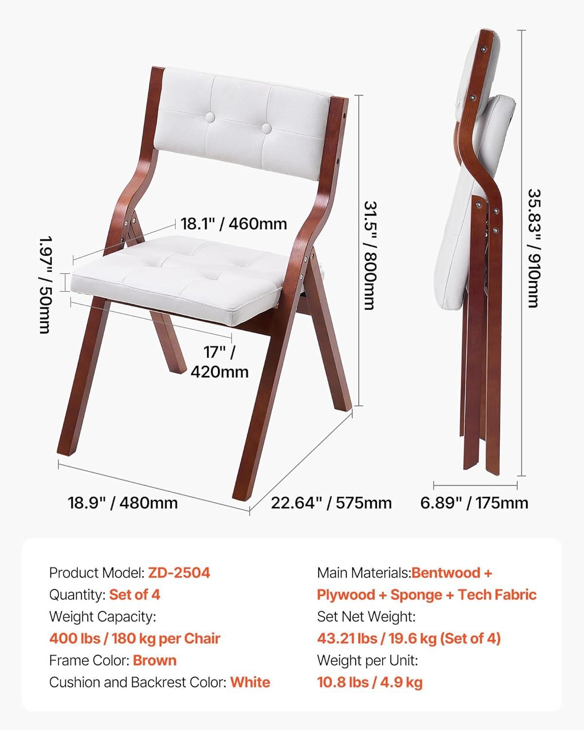 image:imageVEVOR Wooden Folding Chairs with Cushion Set of 2 Portable Foldable Cushion Chair with Wooden Frame Modern Padded Dining Chair for Kitchen Office Wedding Party Dining Room Easy Assembly BeigeWalnutbeige