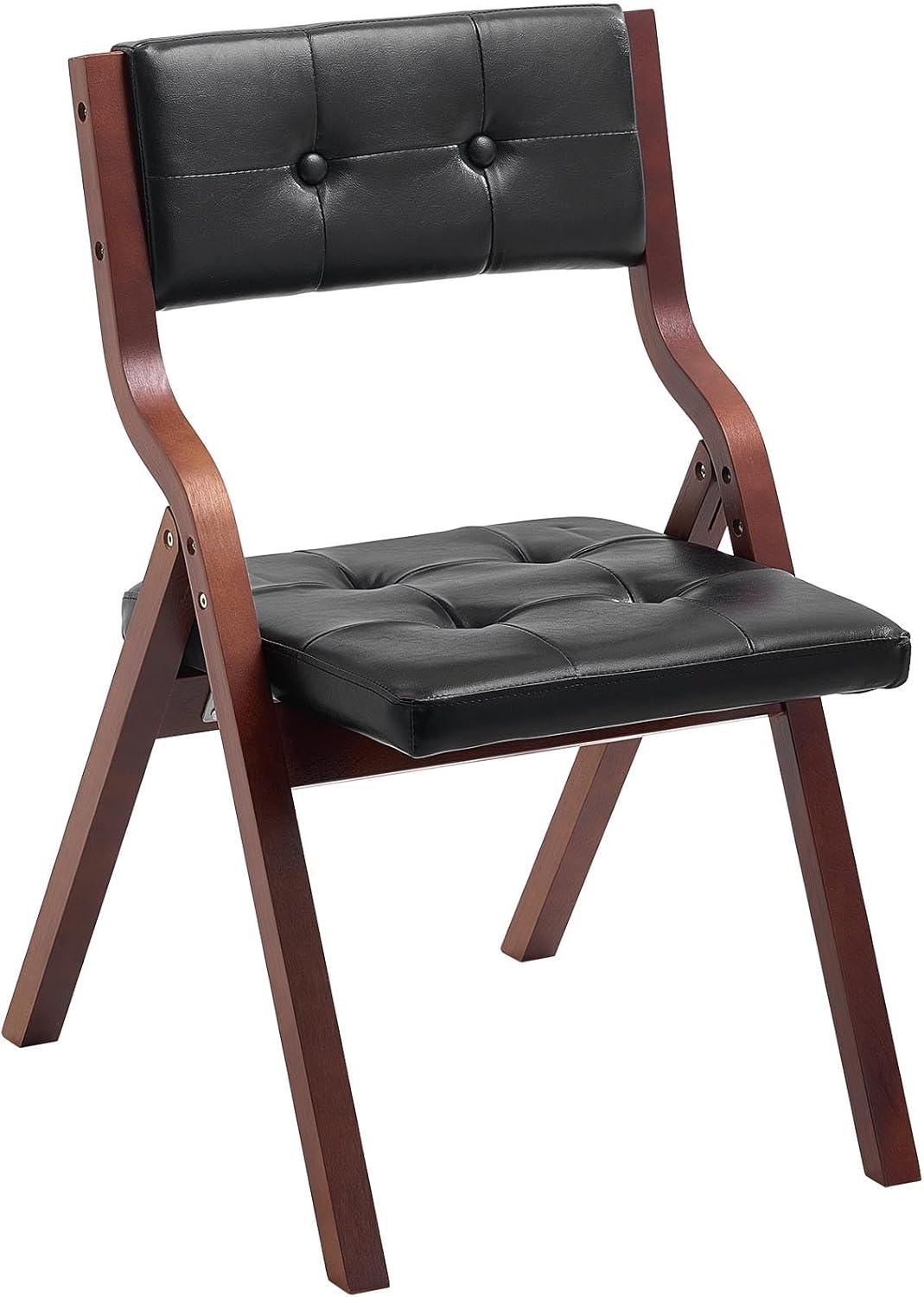 image:imageVEVOR Wooden Folding Chairs with Cushion Set of 2 Portable Foldable Cushion Chair with Wooden Frame Modern Padded Dining Chair for Kitchen Office Wedding Party Dining Room Easy Assembly BeigeWalnutblack Leather