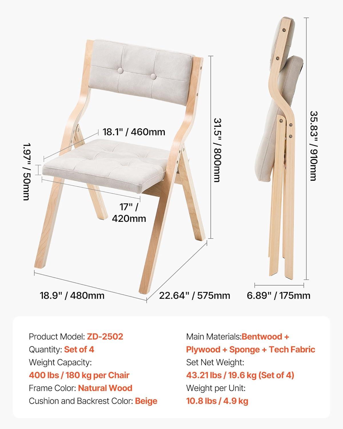 image:imageVEVOR Wooden Folding Chairs with Cushion Set of 4 Portable Foldable Cushion Chair with Wooden Frame Modern Padded Dining Chair for Kitchen Office Wedding Party Dining Room Easy Assembly Beige