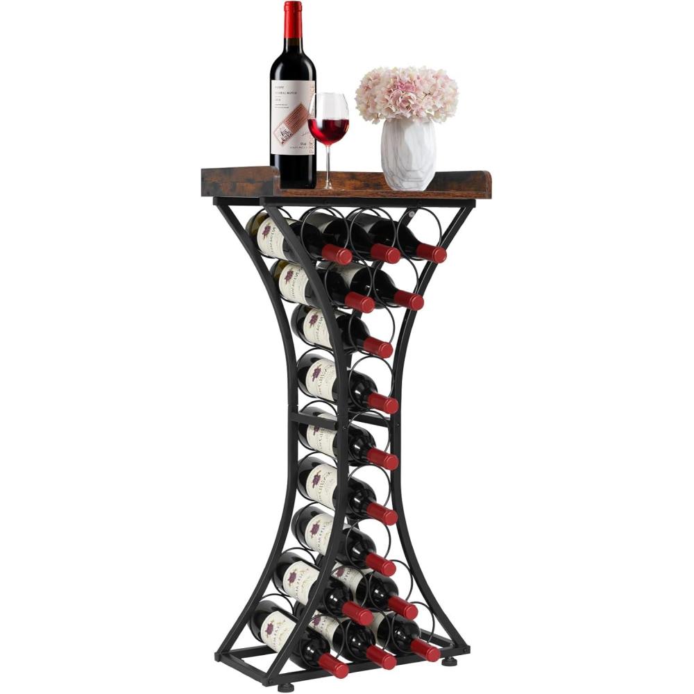 image:imageVEVOR 15 Bottle Wine RackIron Freestanding Floor Wine Holder Mini Bar Stand Liquor Cabinet with Wood Tabletop for Home BarKitchenLiving RoomDining Room169L X 114W X 352H15 Bottles