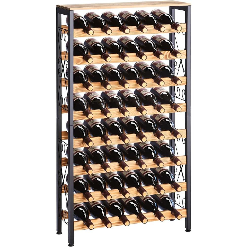 image:imageVEVOR 15 Bottle Wine RackIron Freestanding Floor Wine Holder Mini Bar Stand Liquor Cabinet with Wood Tabletop for Home BarKitchenLiving RoomDining Room169L X 114W X 352H48 Bottles