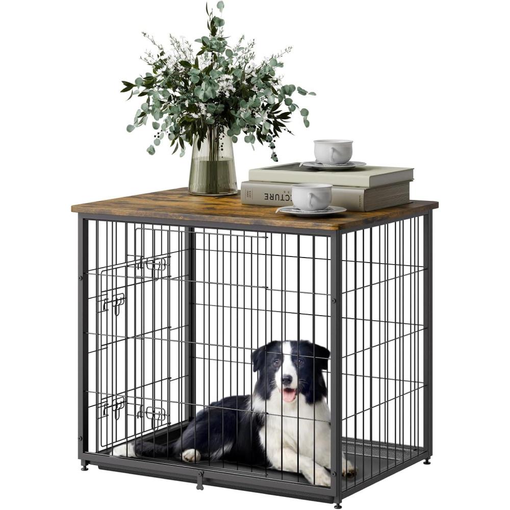image:imageVEVOR 27 Dog Crate Furniture With Double Doors 2in1 Decorative Wooden Kennel End Table Removable Tray Holds up to 30 lbs for Small Medium Dogs Brown