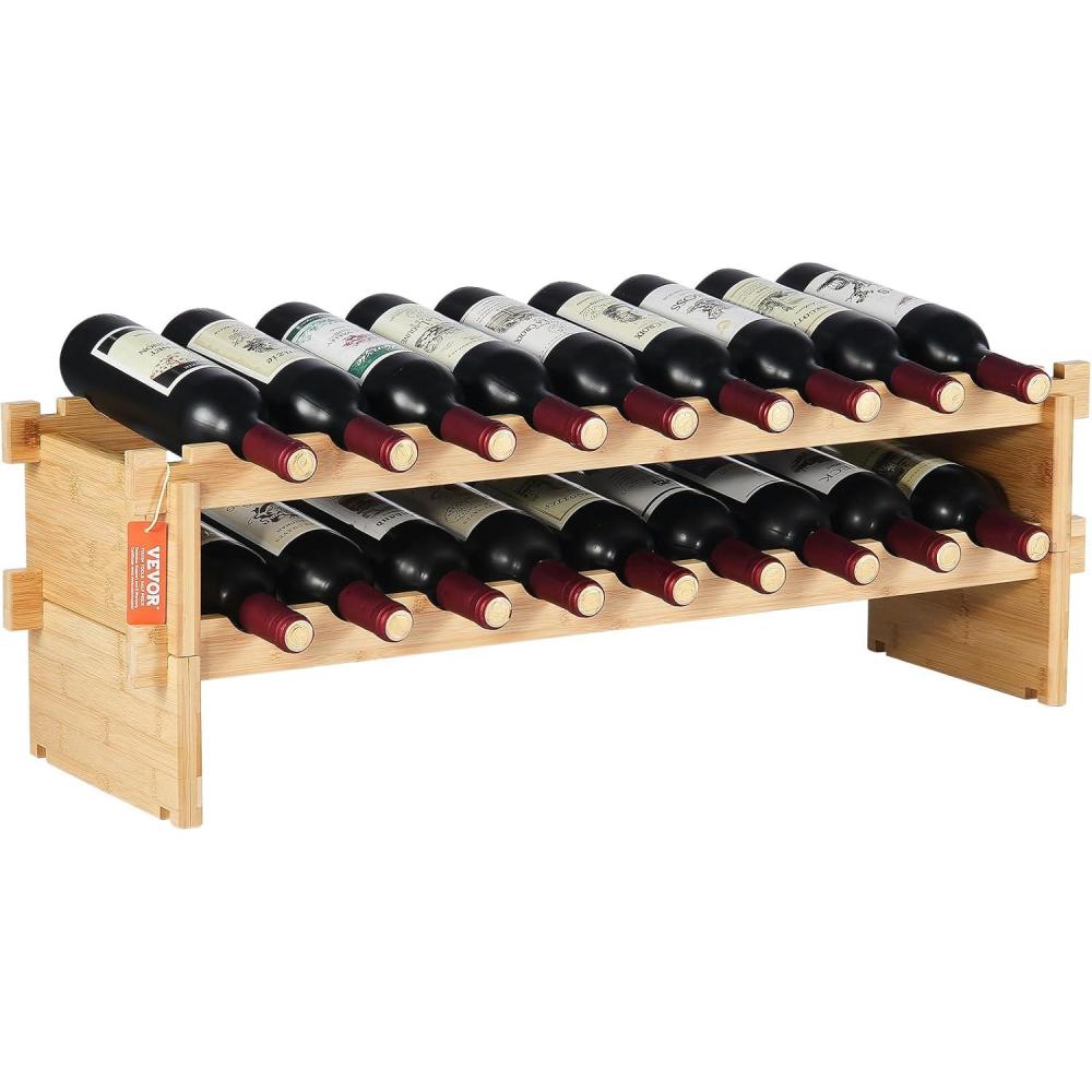 image:imageVEVOR 42 Bottle Modular Wine Rack 7Tier Solid Bamboo Wood Storage Racks with Table Top Floor Freestanding Wines Holder Display Shelf WobbleFree Shelves for Kitchen Bar and Cellar BlackOriginal Wooden Colour