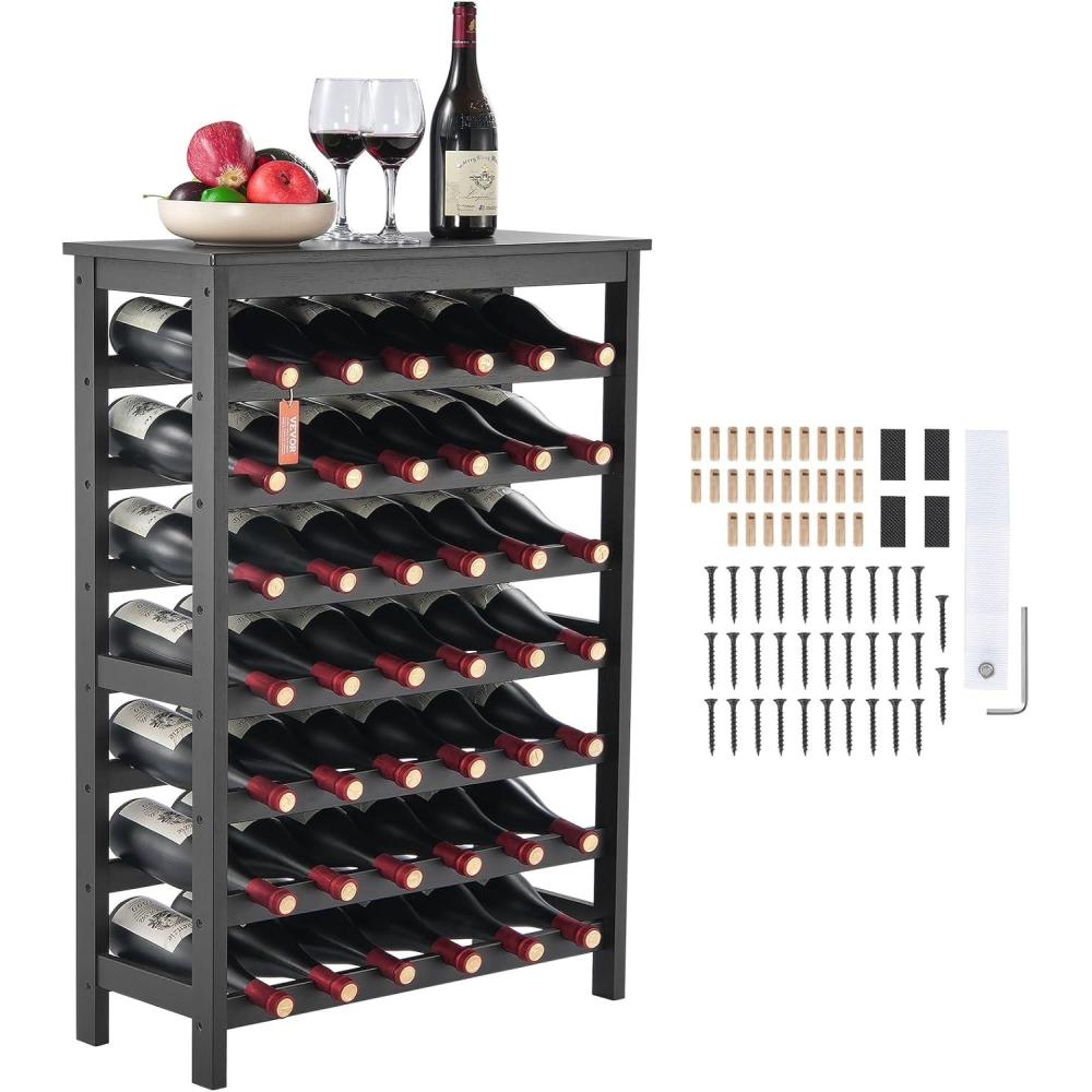 image:imageVEVOR 42 Bottle Modular Wine Rack 7Tier Solid Bamboo Wood Storage Racks with Table Top Floor Freestanding Wines Holder Display Shelf WobbleFree Shelves for Kitchen Bar and Cellar BlackBlack