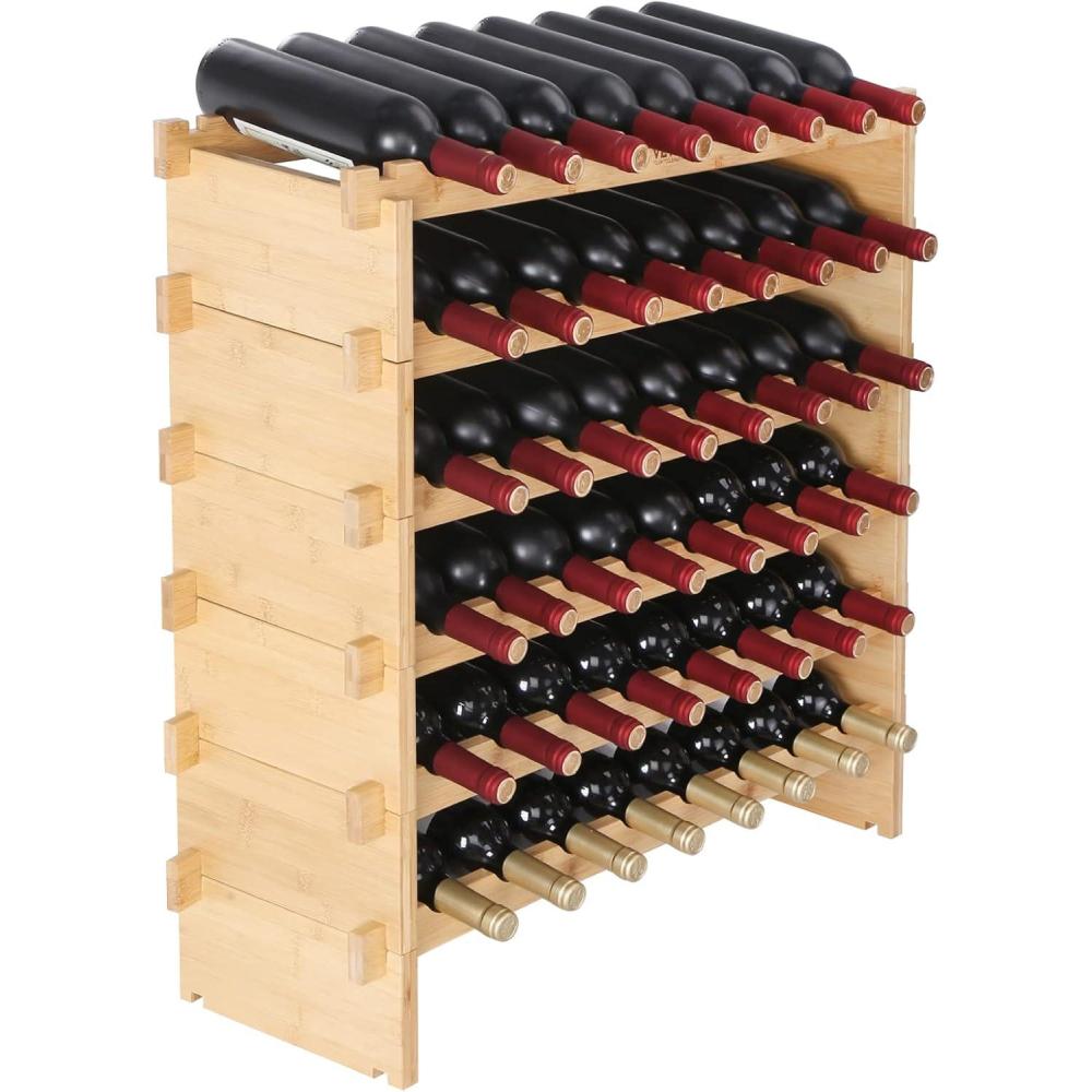 image:imageVEVOR 42 Bottle Modular Wine Rack 7Tier Solid Bamboo Wood Storage Racks with Table Top Floor Freestanding Wines Holder Display Shelf WobbleFree Shelves for Kitchen Bar and Cellar BlackNatural Wood Color