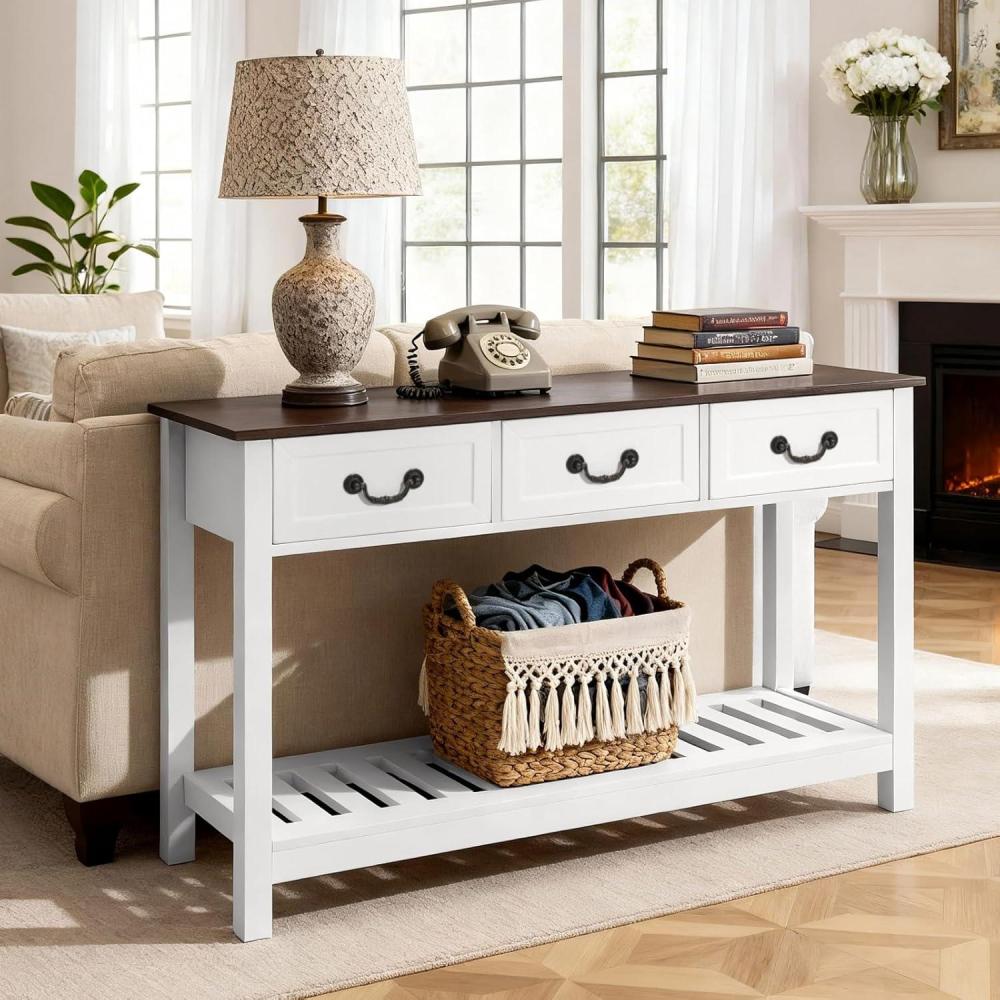 image:imageVEVOR 47 in Console Table Farmhouse Desk Behind The Couch with Drawers and Bottom Storage Shelf Wooden Rectangle Entrance Narrow Sofa Table for Hallway Bedroom Living Room Foyer Brown White