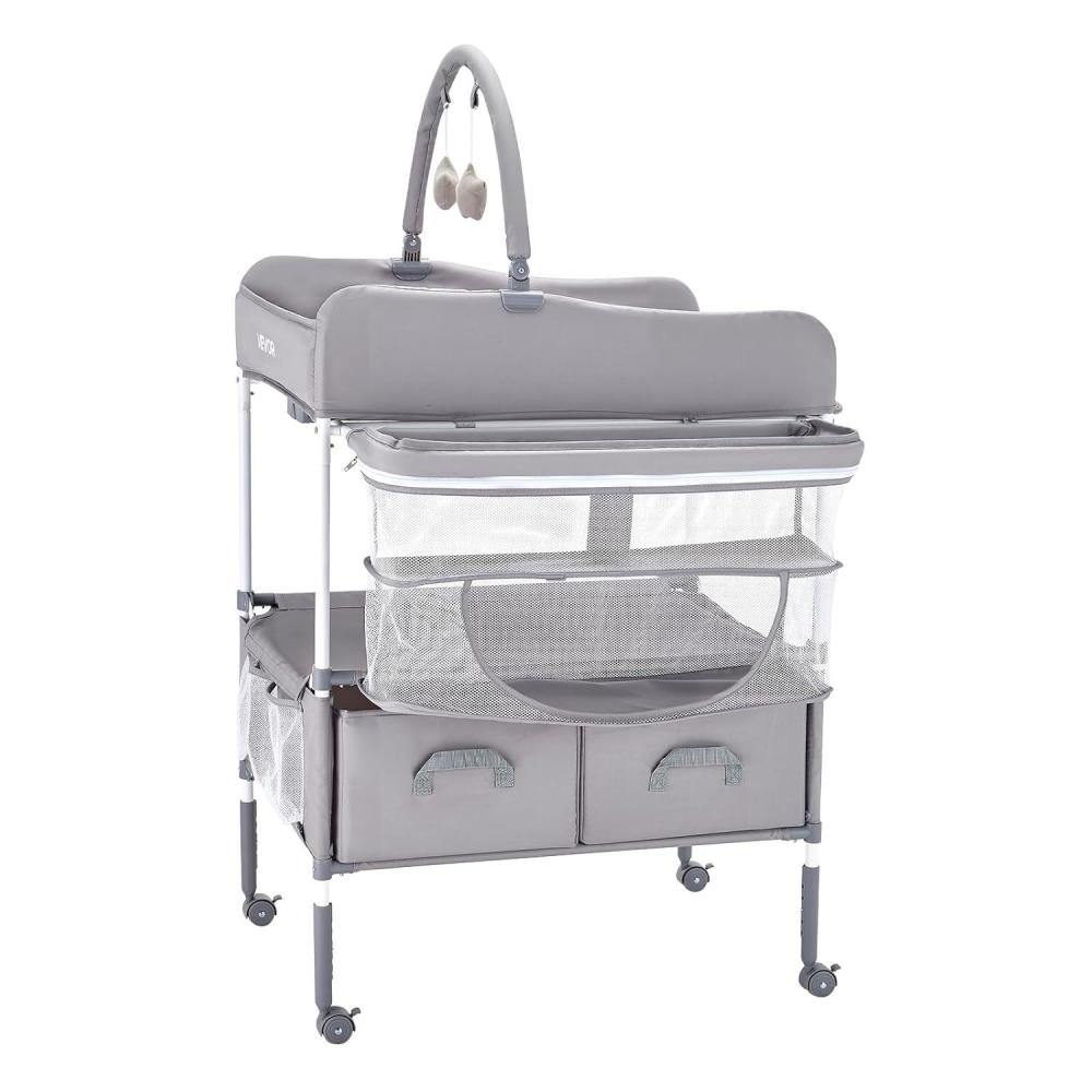 image:imageVEVOR Baby Changing Table Foldable Diaper Change Station with 2 Fabric Drawers Side Basket and Hanging Rod Adjustable Height Changing Table with Lockable Wheels and 2 Star Toys Light Graylight gray