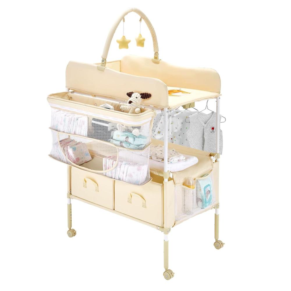 image:imageVEVOR Baby Changing Table Foldable Diaper Change Station with 2 Fabric Drawers Side Basket and Hanging Rod Adjustable Height Changing Table with Lockable Wheels and 2 Star Toys Light GrayBeige