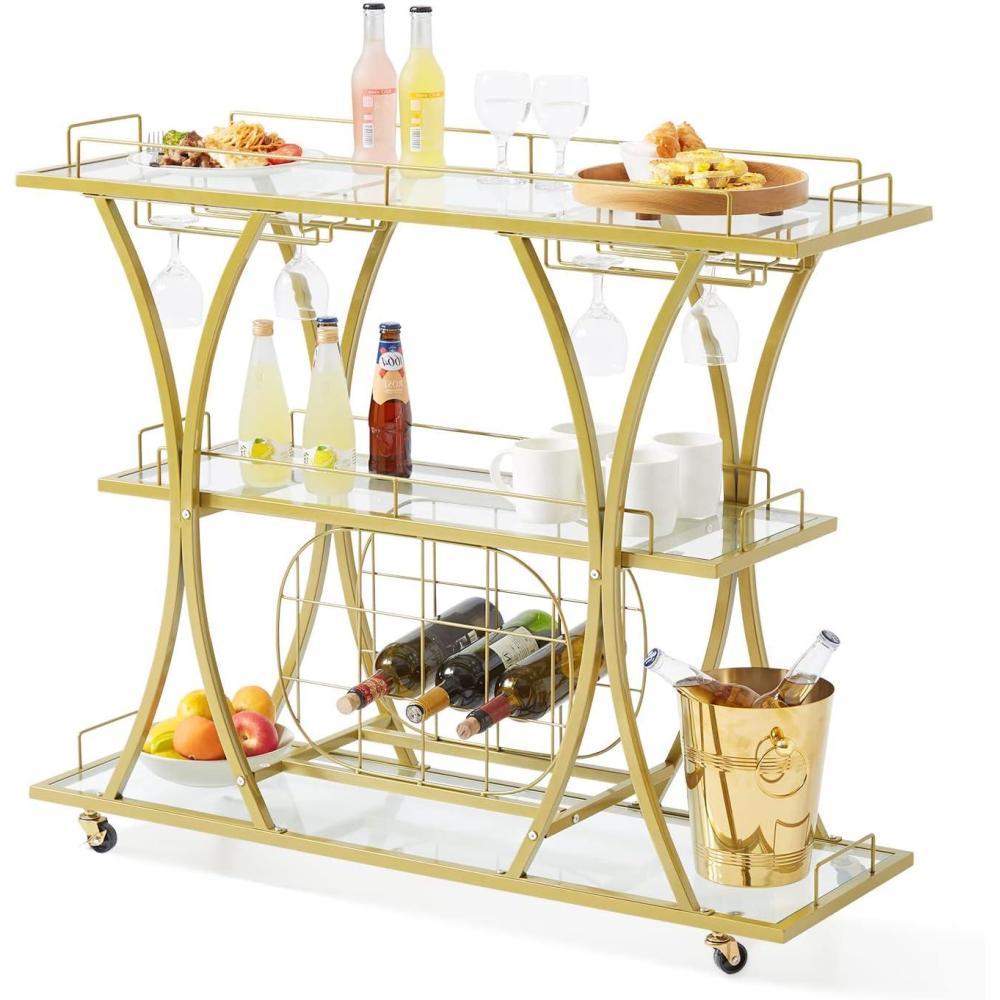 image:imageVEVOR Bar Cart Home Serving Cart 3 Tiers 300 LBS Industrial Rolling Beverage Station on Lockable Wheels Mobile Alcohol Drink Cart with Removable Tray Wine Rack Glass Holder for Kitchen Dining RoomGold