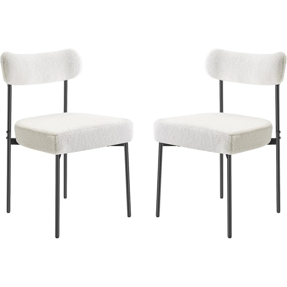 image:imageVEVOR Boucle Dining Chairs Set of 2 Mid Century Modern Sherpa Accent Chairs Upholstered Side Chair for Dining Room SpaceSaving White Kitchen Chair with Curved Backrest and Black Metal LegsSet of 2