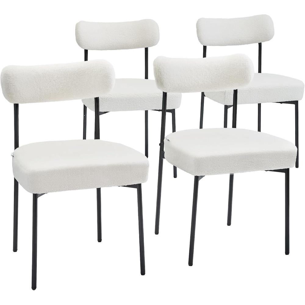 image:imageVEVOR Boucle Dining Chairs Set of 2 Mid Century Modern Sherpa Accent Chairs Upholstered Side Chair for Dining Room SpaceSaving White Kitchen Chair with Curved Backrest and Black Metal LegsSet of 4