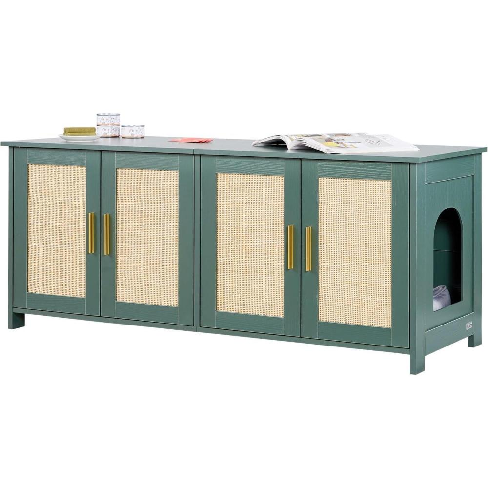 image:imageVEVOR Cat Litter Box Enclosure 31 in Hidden Litter Box Cabinet with Shelf amp Storage Modern Style Indoor Cat Washroom Wooden Kitty House Furniture End Table Fit Most Litterboxes Red amp GreenRetro Green  Rattan Doors