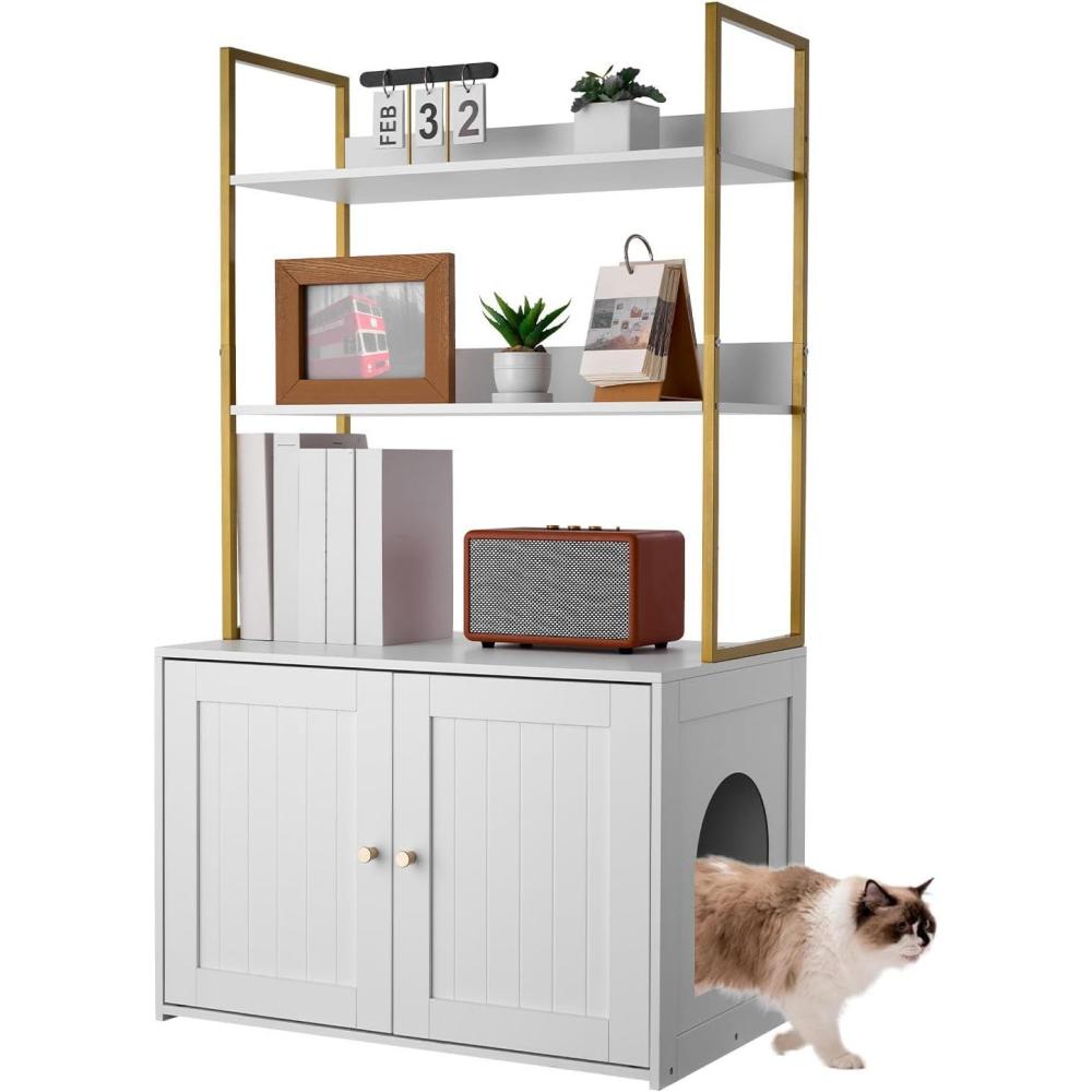 image:imageVEVOR Cat Litter Box Enclosure Furniture 236 in Hidden Litter Box Cabinet with Storage Shelves Modern Style Waterproof Washroom Side Table Cat House Fit Most of Litterbox for Living RoomWhite