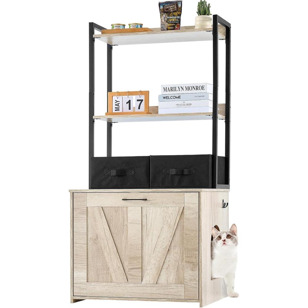 image:imageVEVOR Cat Litter Box Enclosure Hidden Litter Box Furniture with 3 Storage Shelves Wooden Cat Washroom Indoor Large Cat House Cabinet Hidden Fit Most Litter Box 335L x 193W x 587H Dark Brown236L x 197W x 50H2 Shelves